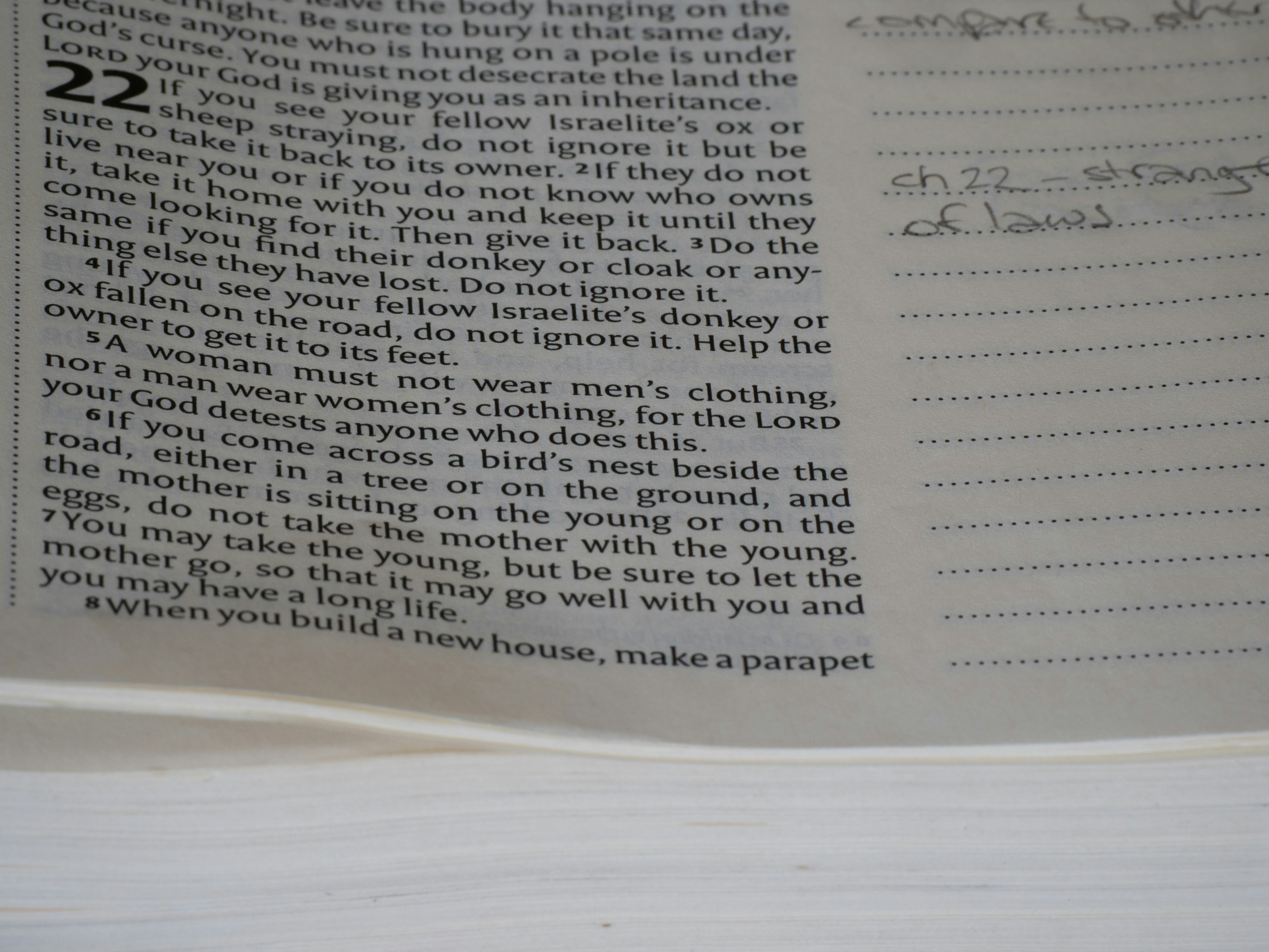 A close-up of a page from a Bible with handwritten notes in the margin