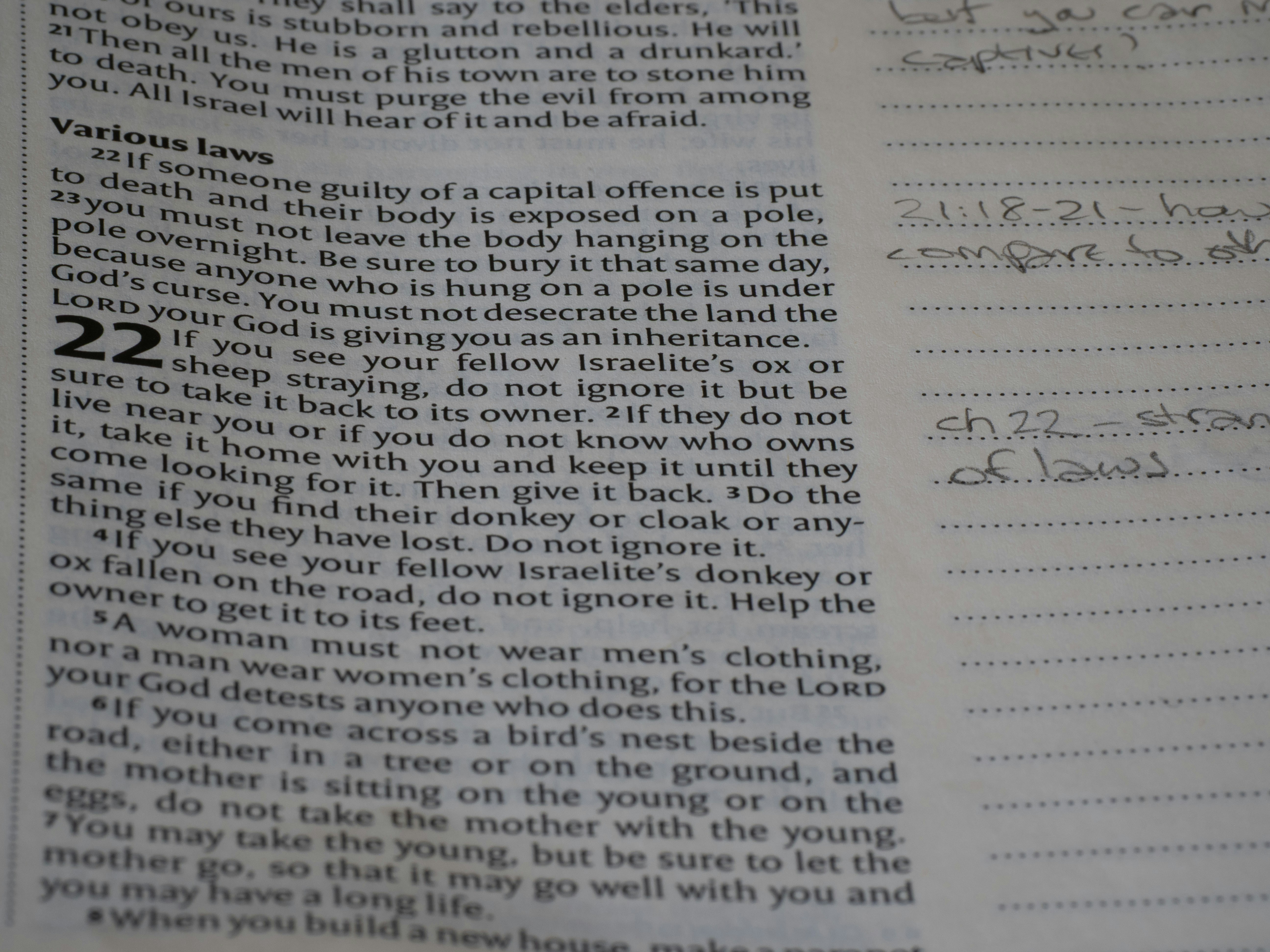 A page of printed text from a Bible with handwritten notes in the margin