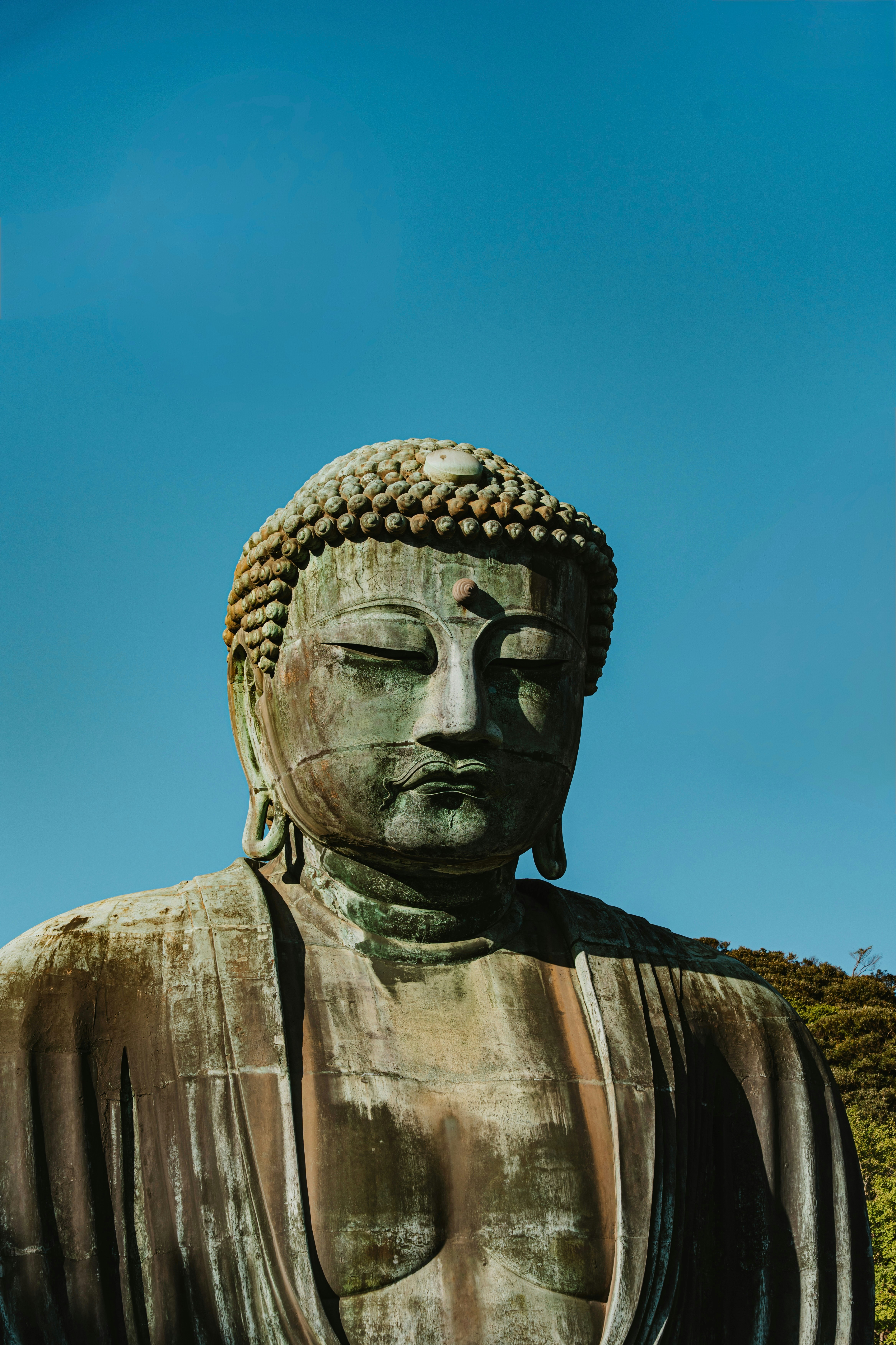 The Great Buddha bronze statue against a clear blue sky in Kamakura
