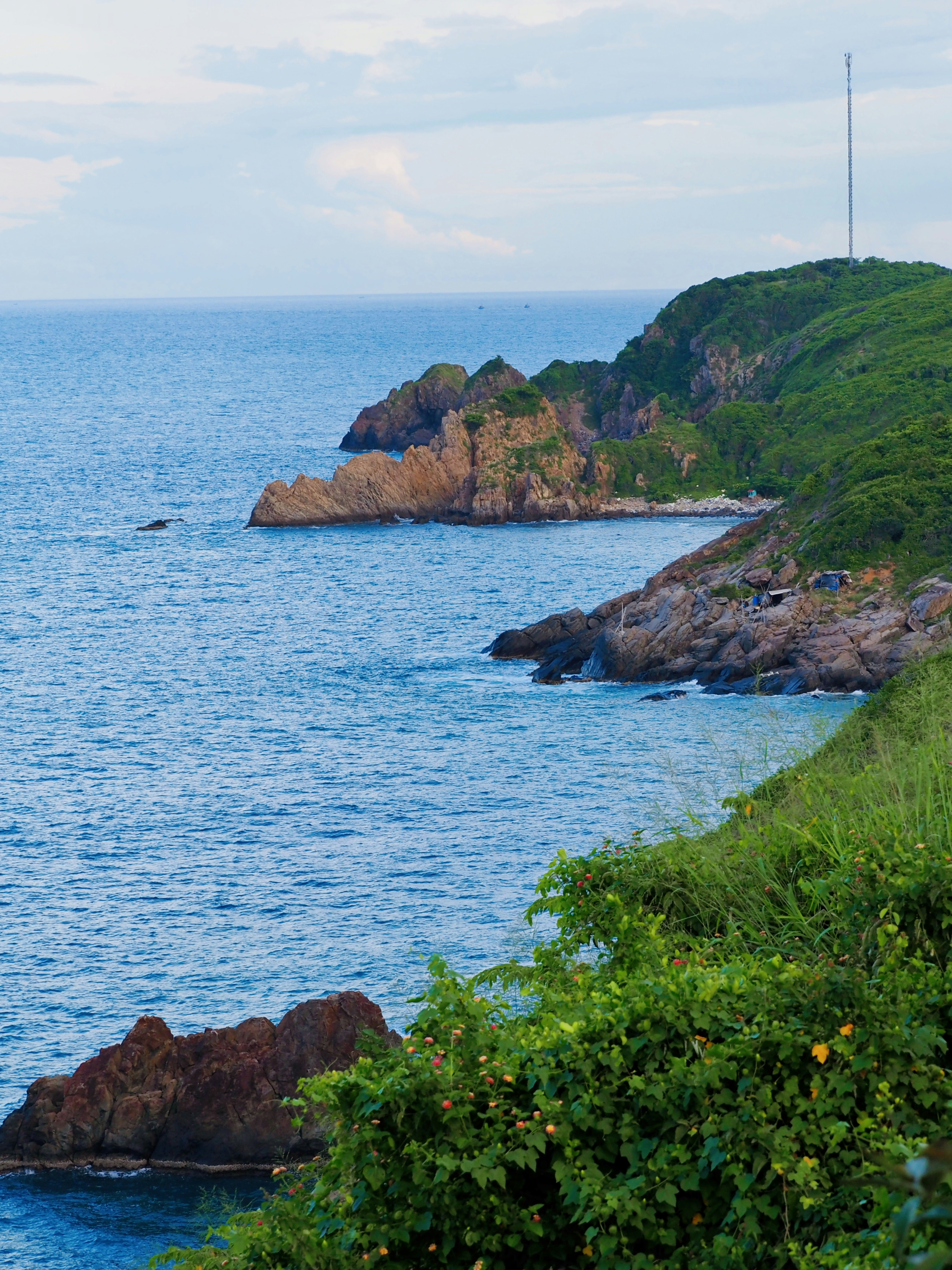 Rocky cliffs covered in green vegetation extending into the blue ocean under a pale sky
