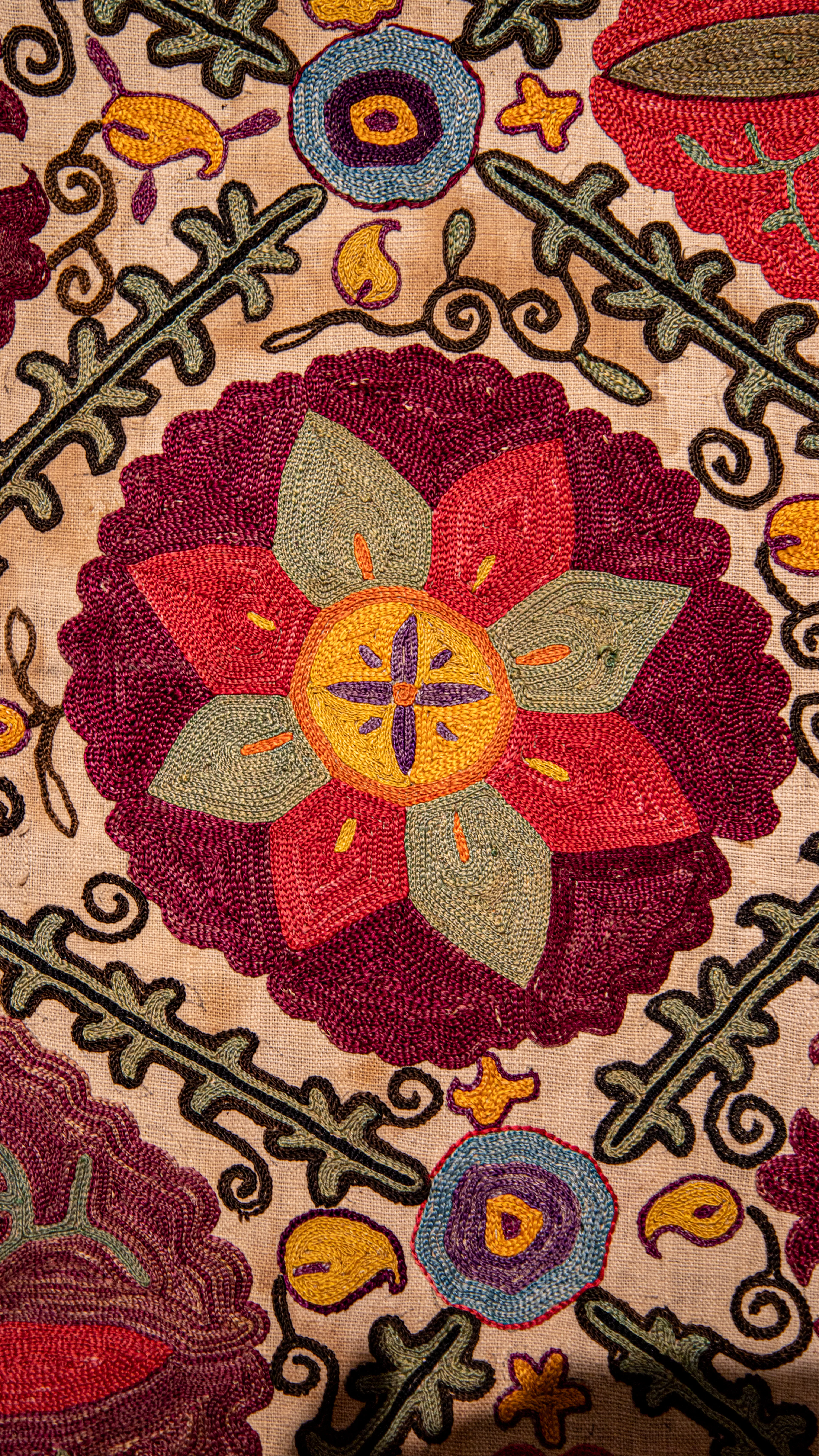 Floral embroidery on beige linen