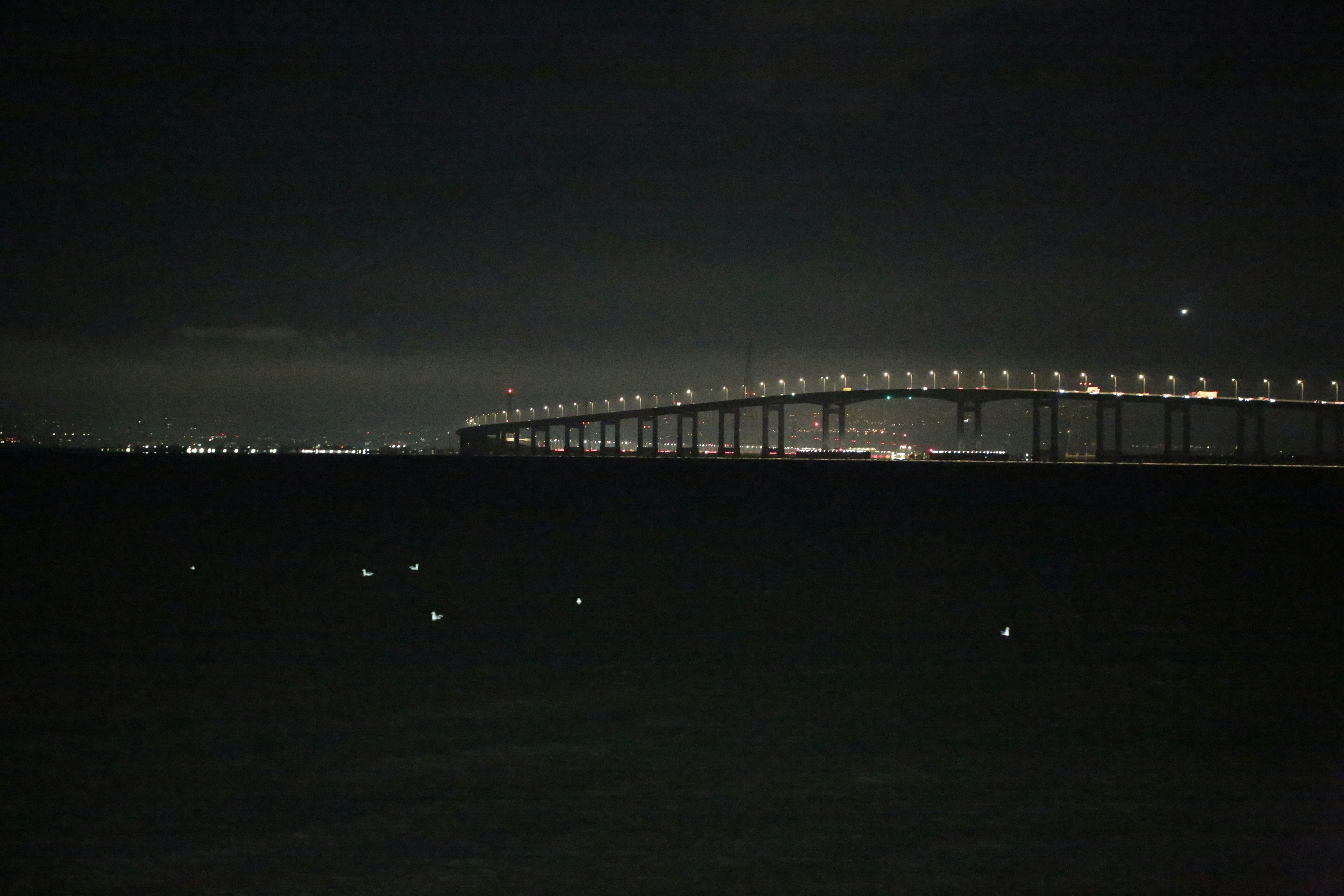 A long bridge illuminated by streetlights spanning across dark water at night