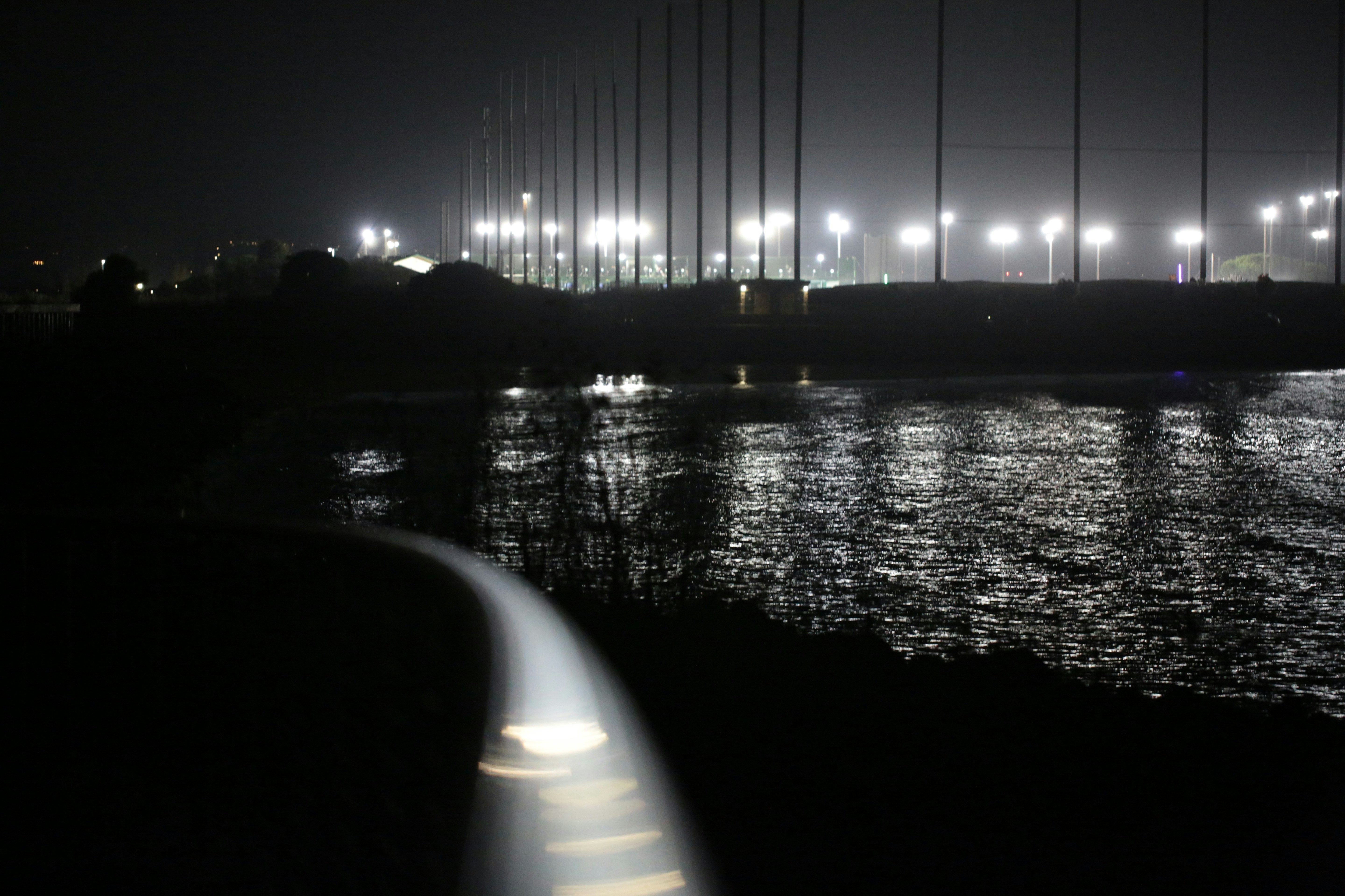 A long exposure light trail on a path beside dark water with bright stadium lights in the distance