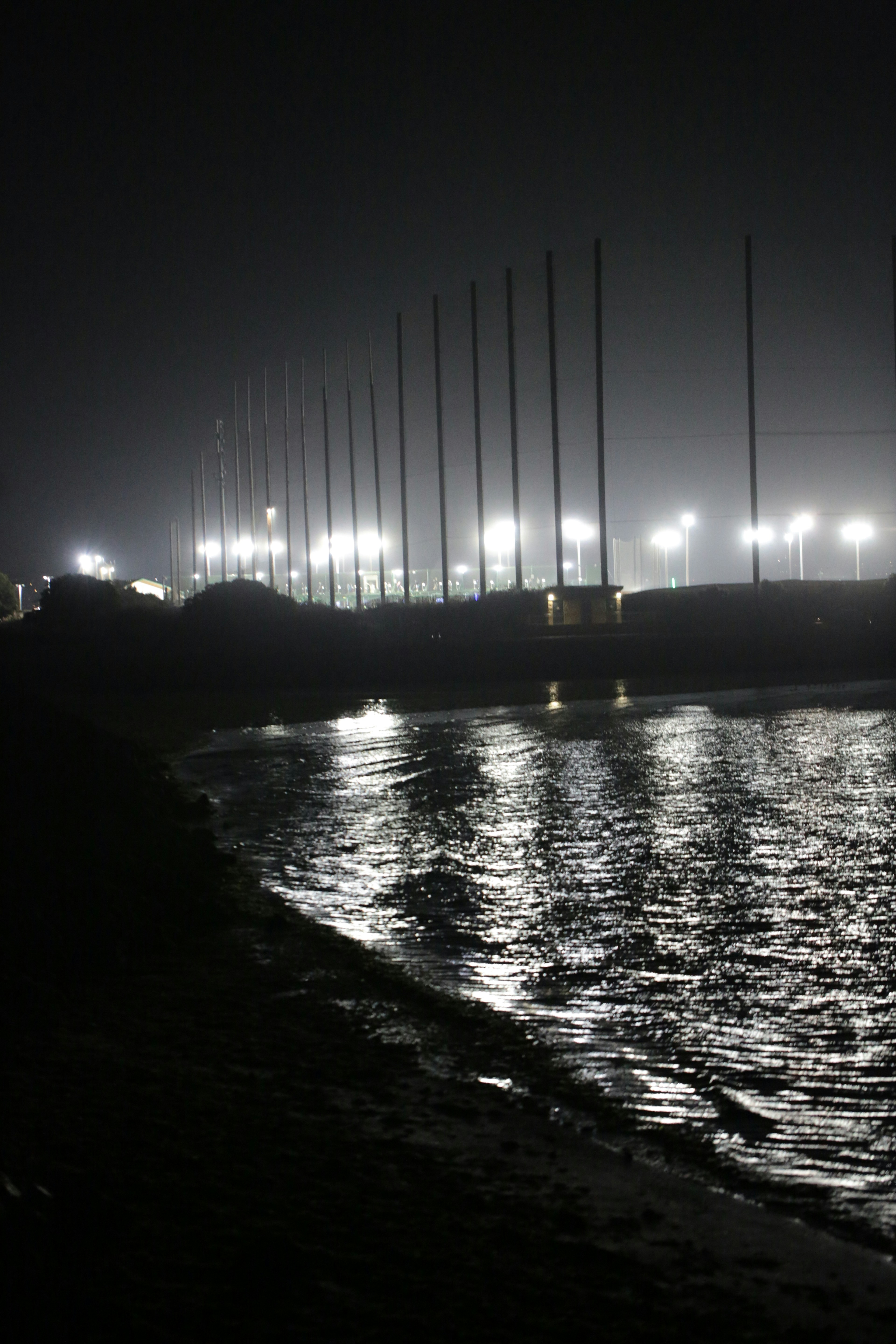Bright floodlights illuminating a row of tall poles above dark water at night
