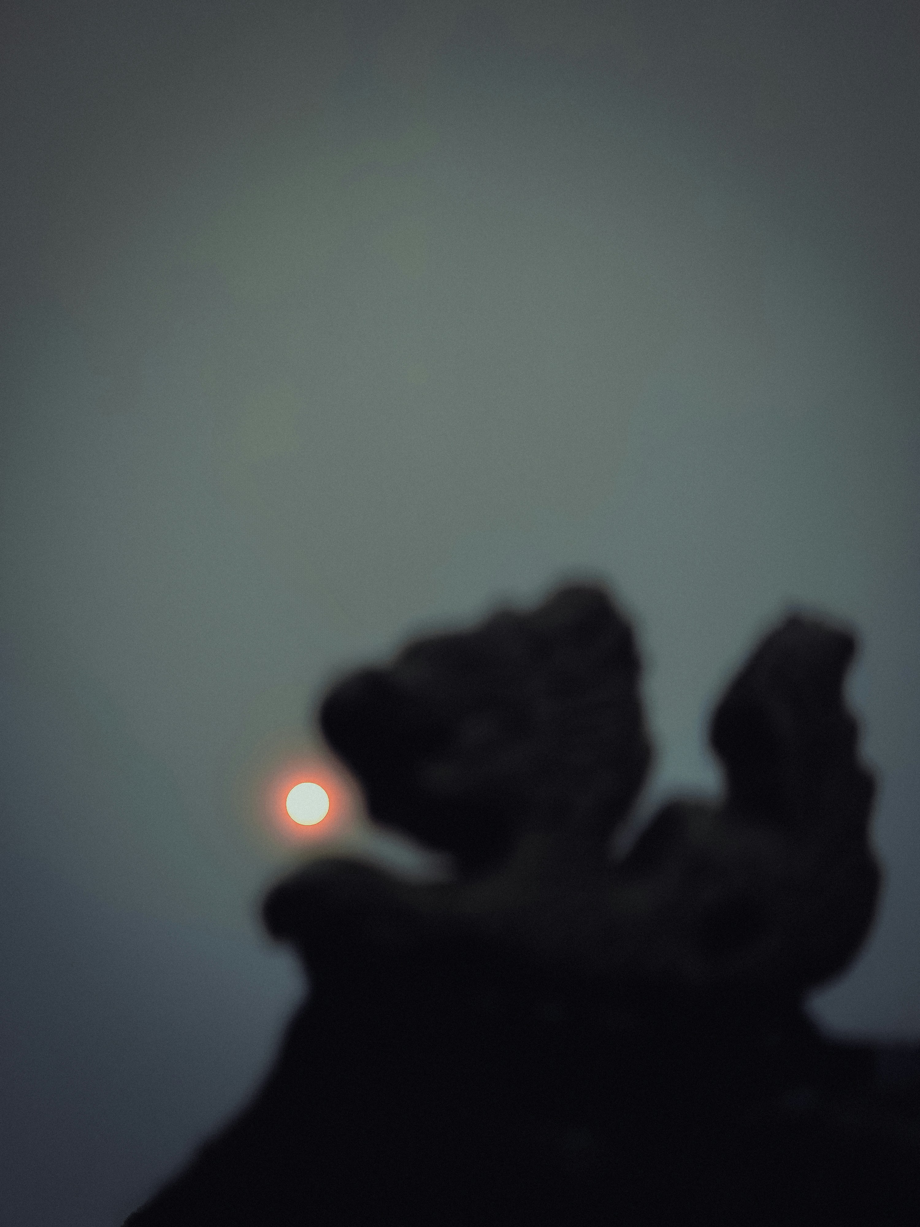 A blurred silhouette of a stone gargoyle against a hazy grey sky with a small glowing sun