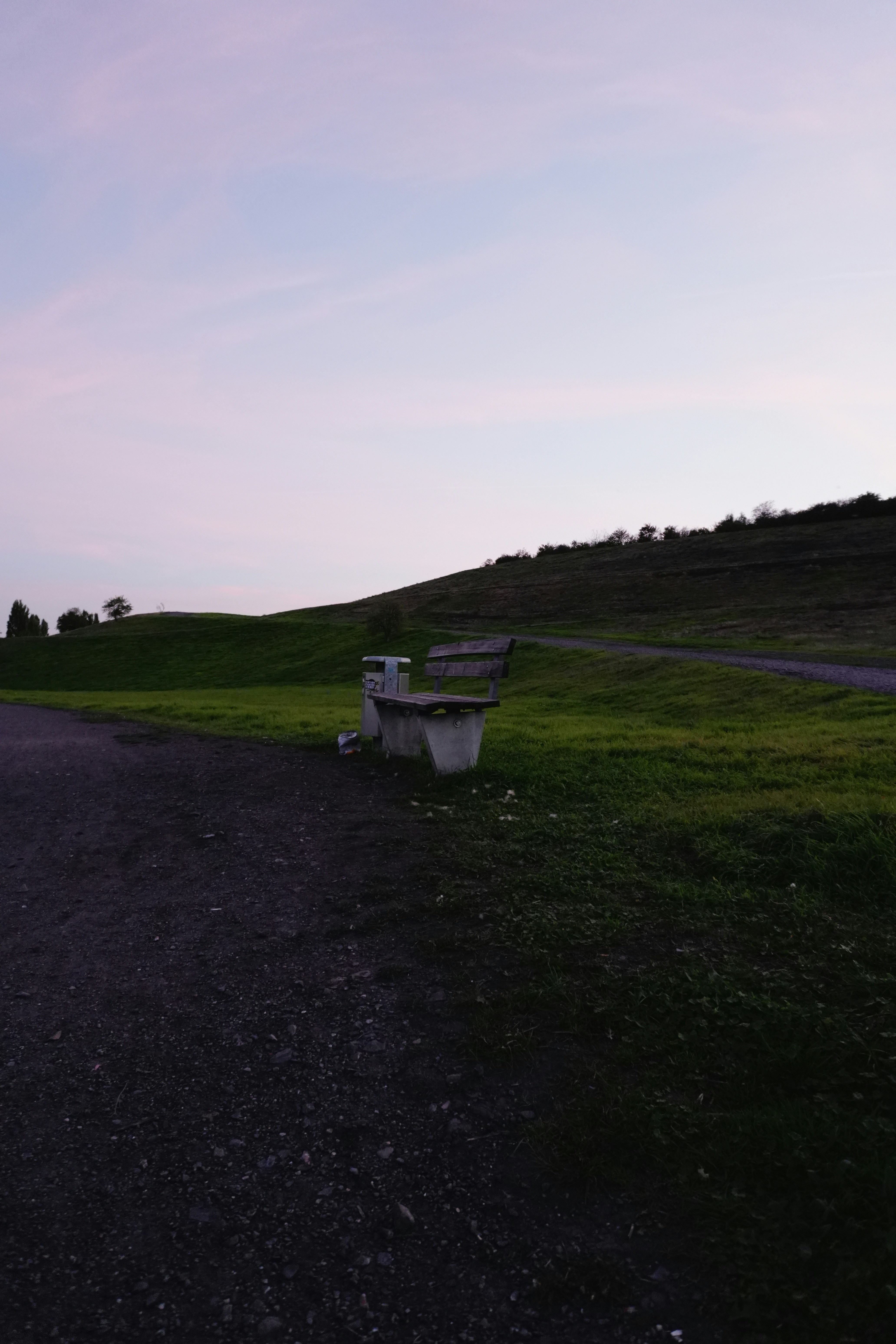 A wooden bench beside a trash bin on a grassy hill under a pale sky