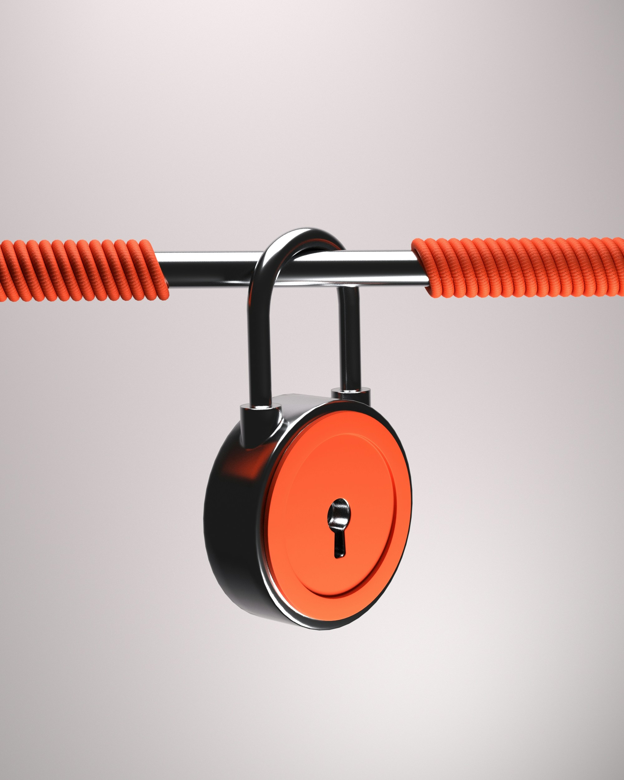 A 3D render of a round orange padlock hanging from a horizontal metal bar wrapped in orange cord
