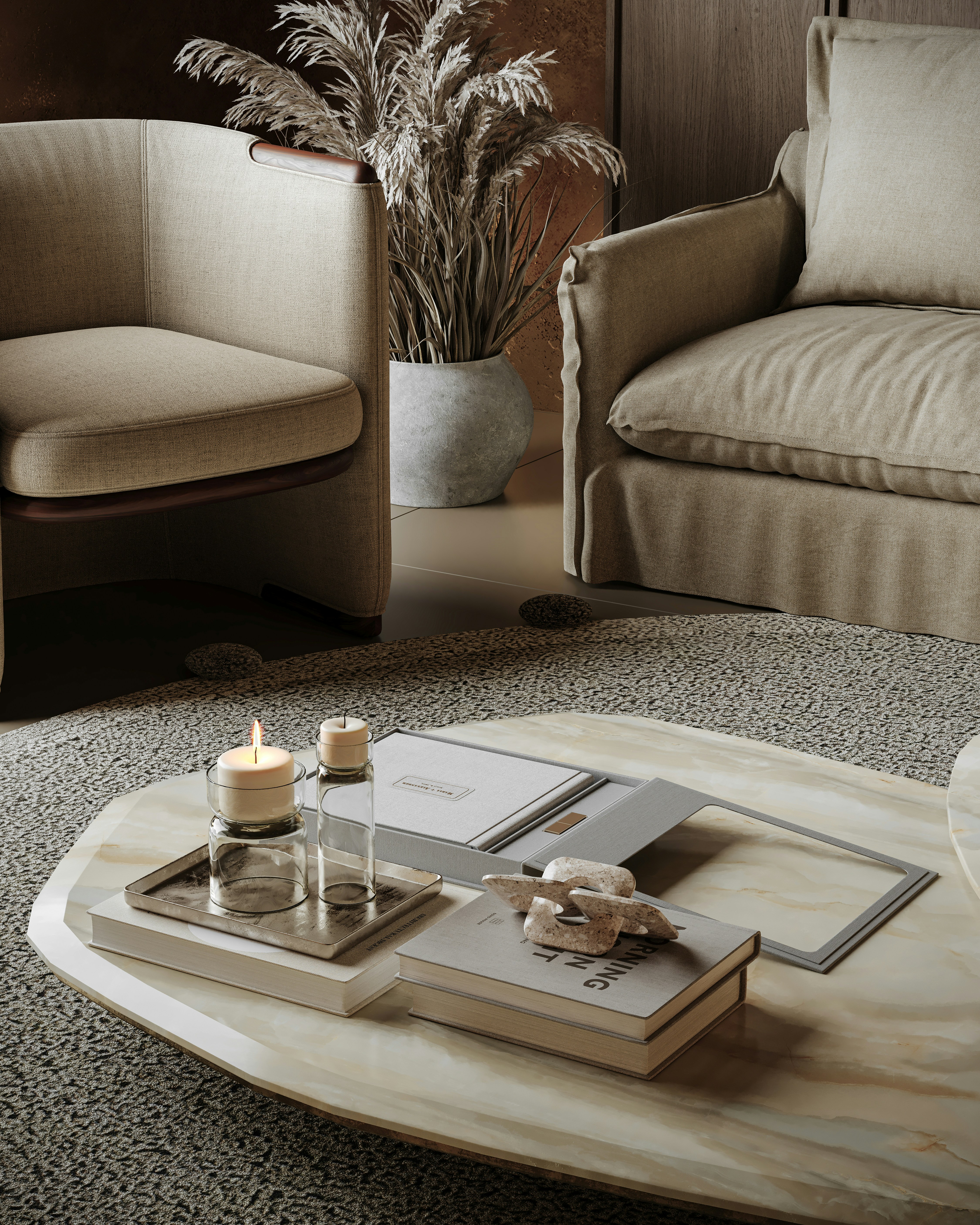 A photorealistic 3D interior visualization showcasing a warm, contemporary living room with a sophisticated neutral palette. Featuring textured upholstered seating, a sculptural marble coffee table, natural decorative elements, soft candlelight, and earthy brown tones, this design creates a calm and inviting atmosphere. Thoughtfully balanced materials, realistic textures, and ambient lighting bring depth and elegance to the composition. - 相关推荐