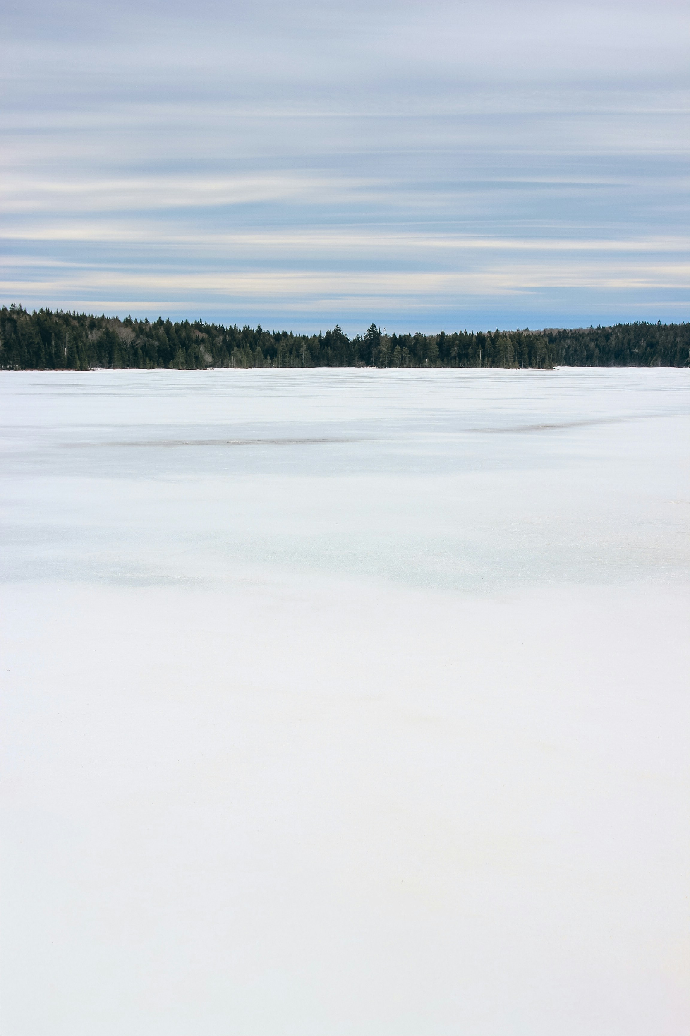 A frozen lake covered in snow with a dense evergreen forest under a cloudy sky