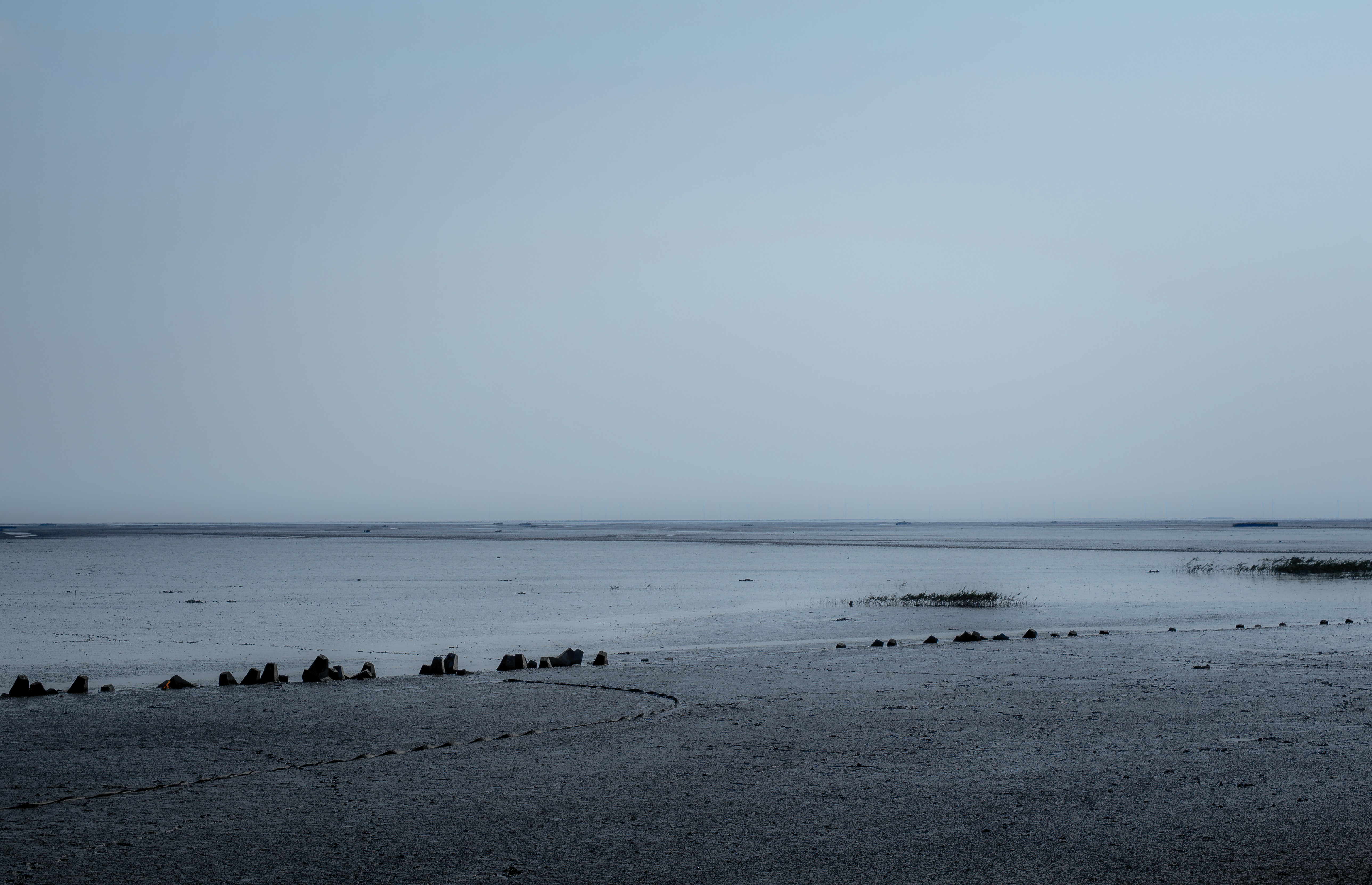 A vast tidal flat with dark mud and scattered rocks under a pale sky