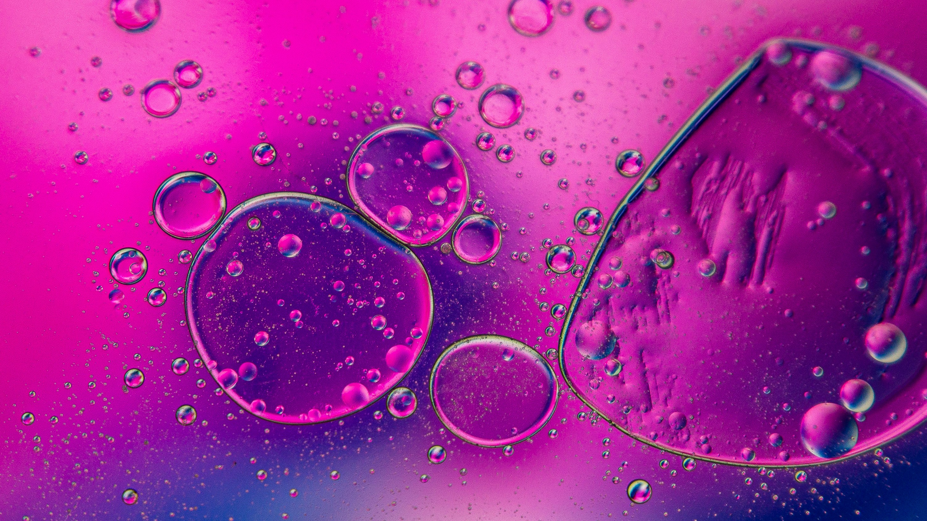Macro view of oil droplets floating in vibrant pink and purple liquid