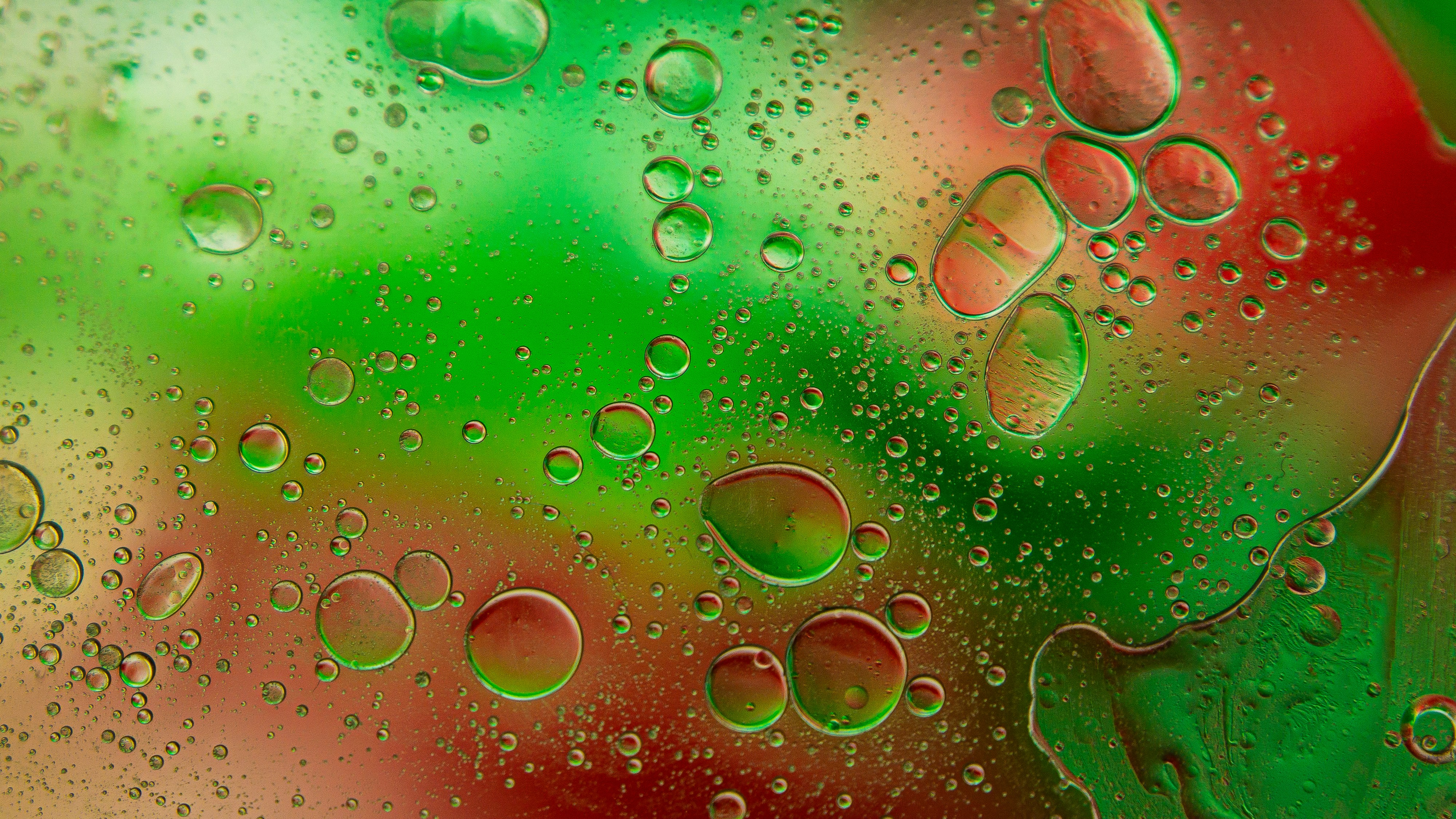 Macro view of oil droplets floating in water with vibrant green and red background colors