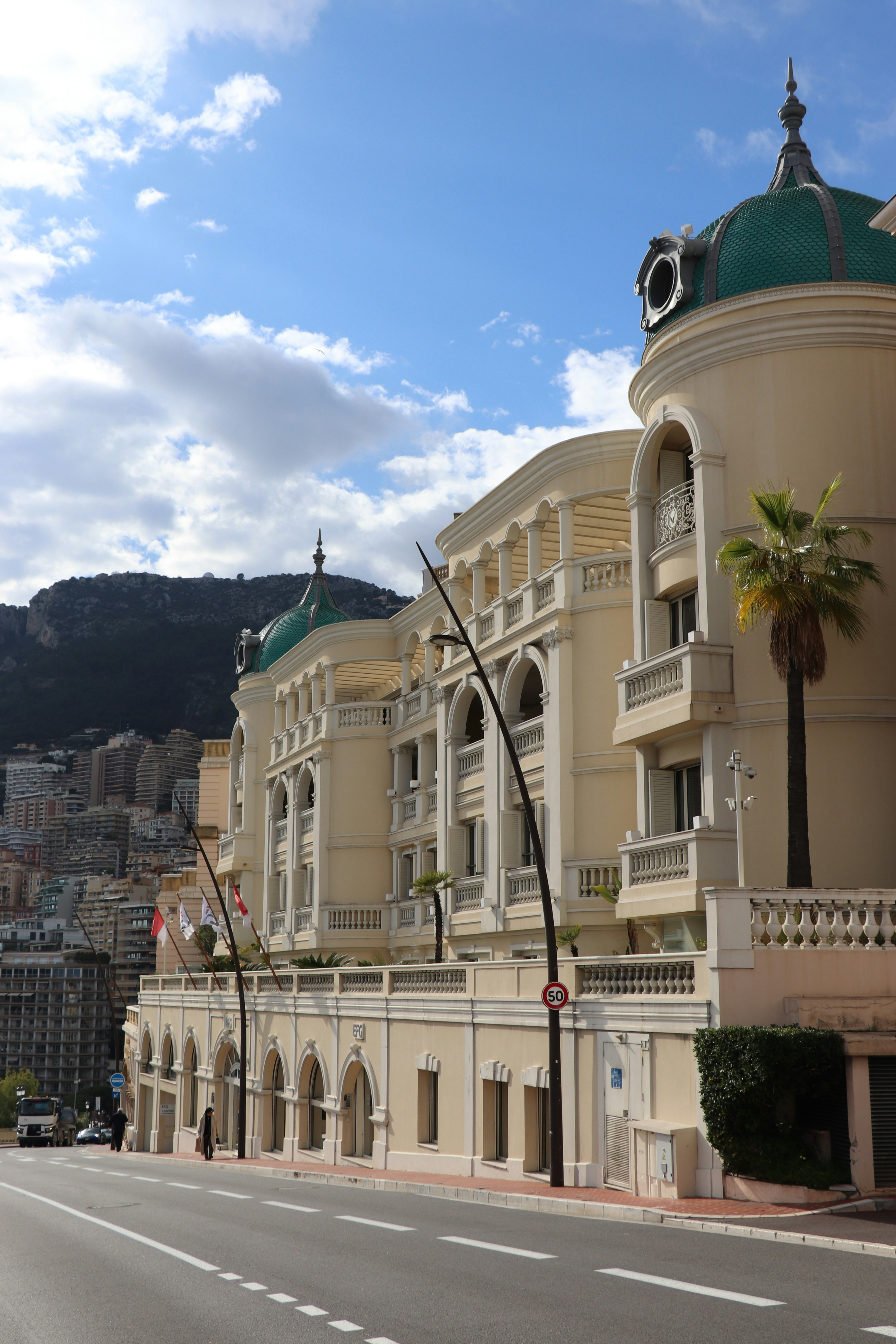 The Hotel de Paris Monte-Carlo with its green domes and cream facade in Monaco