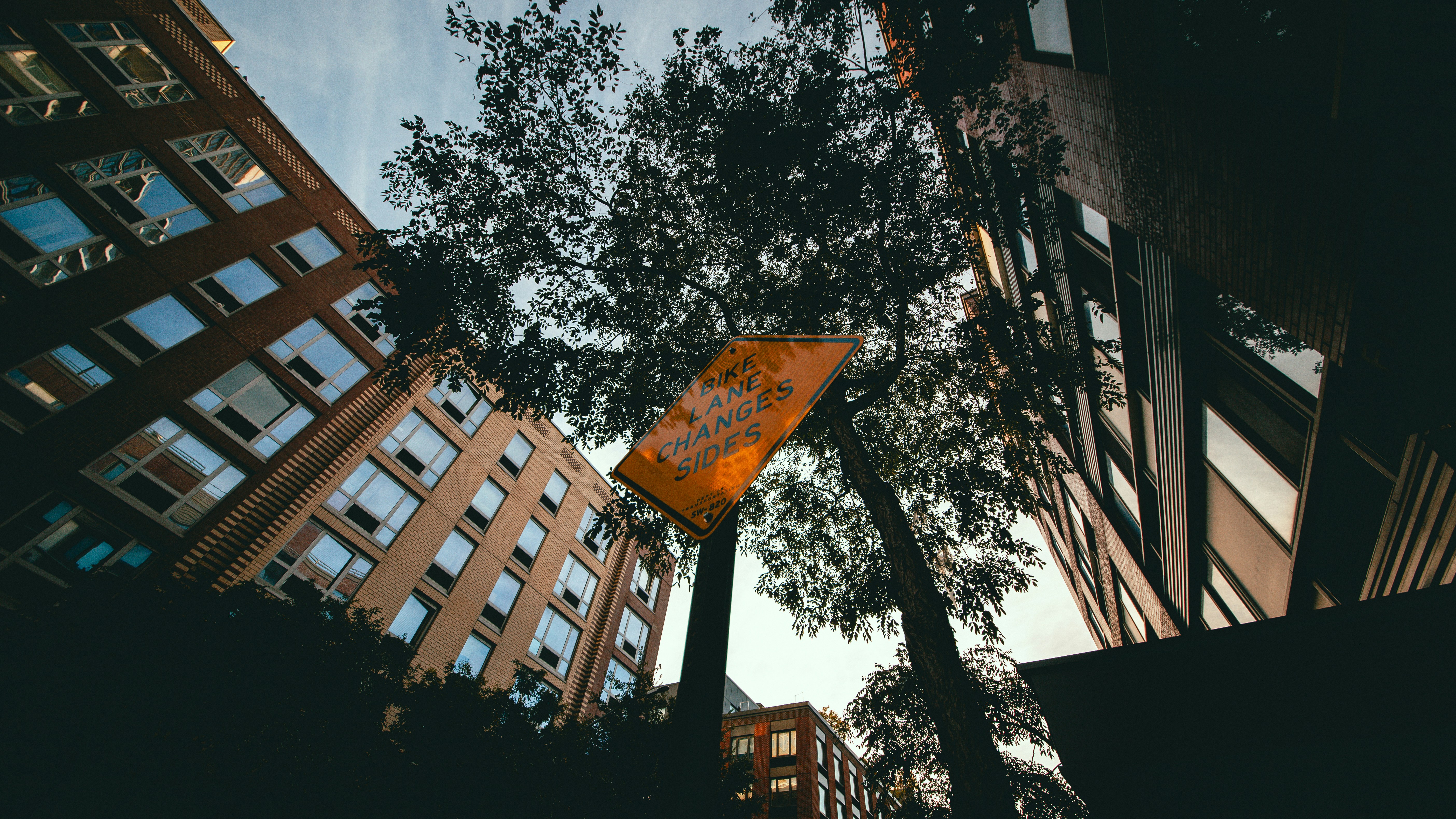 A yellow bike lane sign on a pole between brick buildings in New York