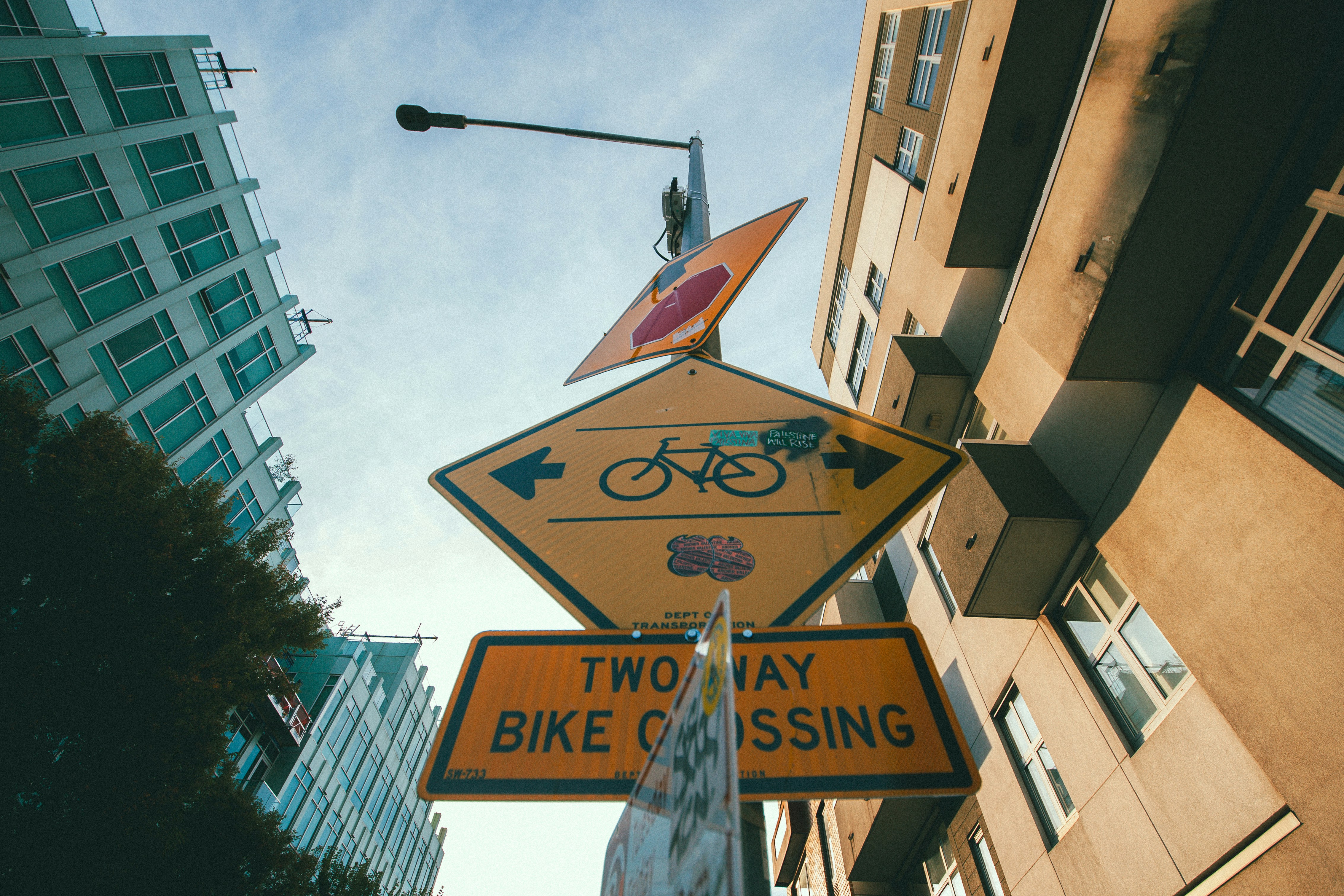 A yellow two-way bike crossing sign on a pole between city buildings in New York