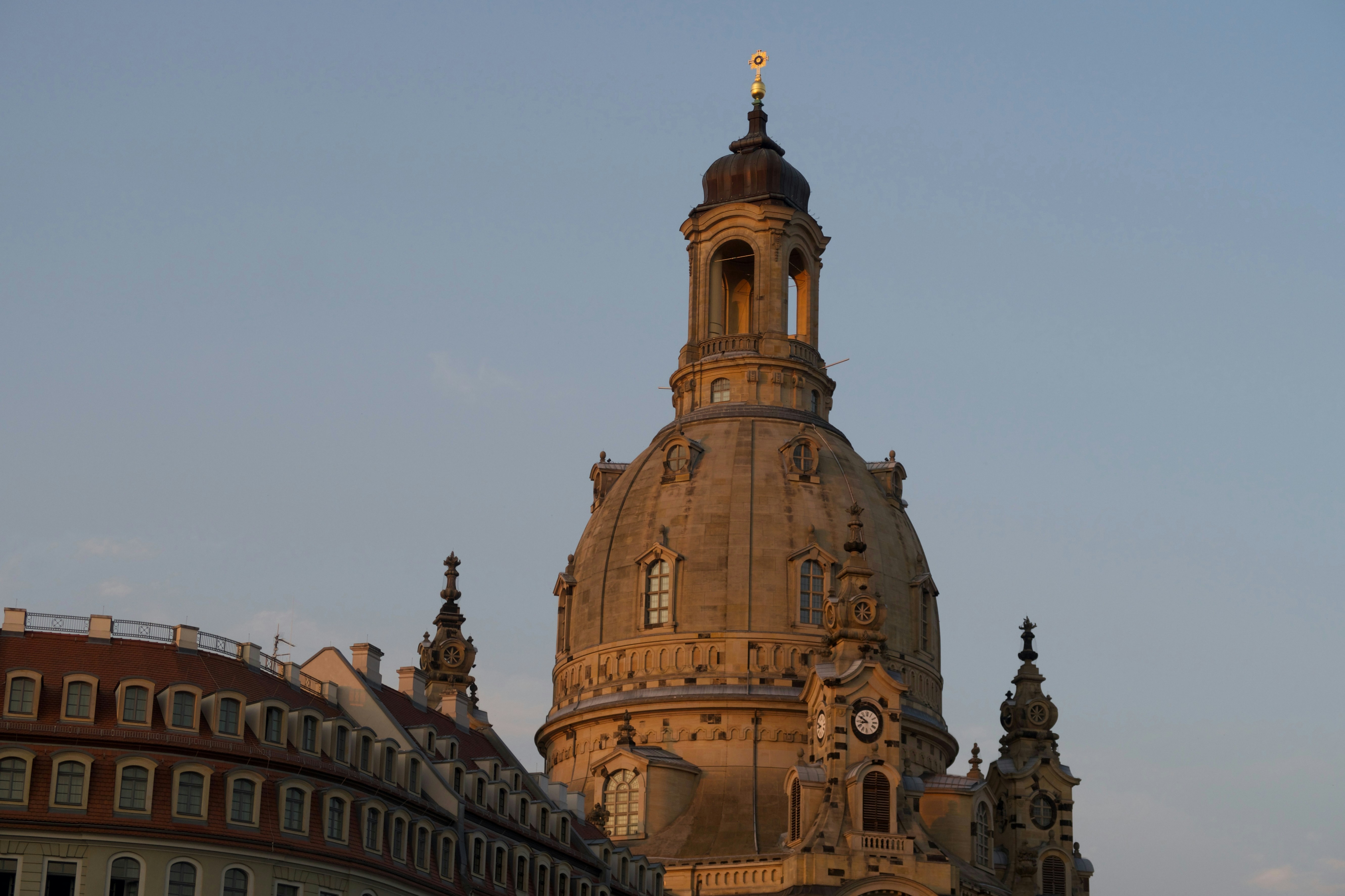 The Frauenkirche dome and lantern tower in Dresden at golden hour