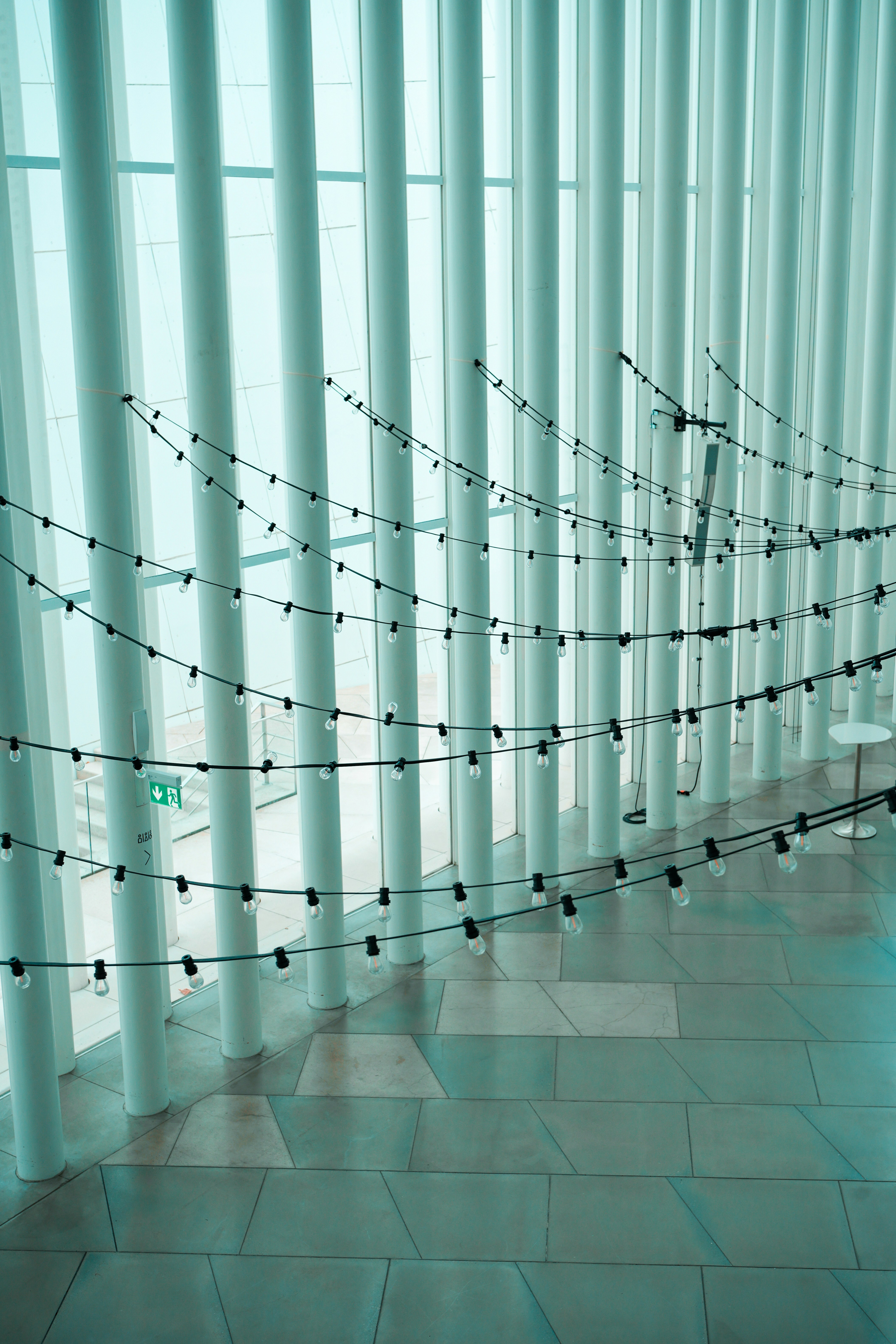 Strings of small light bulbs hanging between white pillars in a modern building