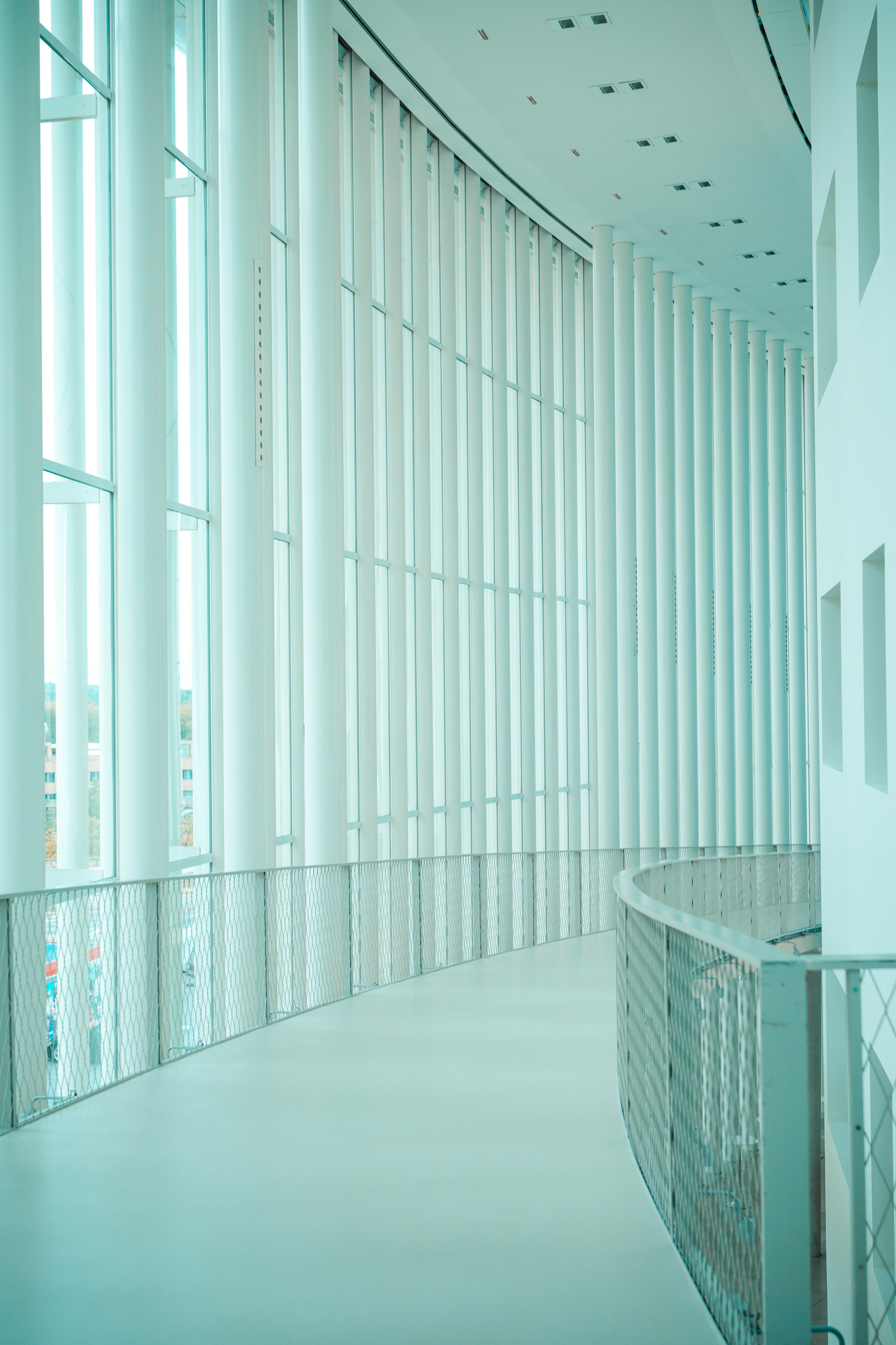A curved walkway with a metal mesh railing inside a bright modern building with tall windows