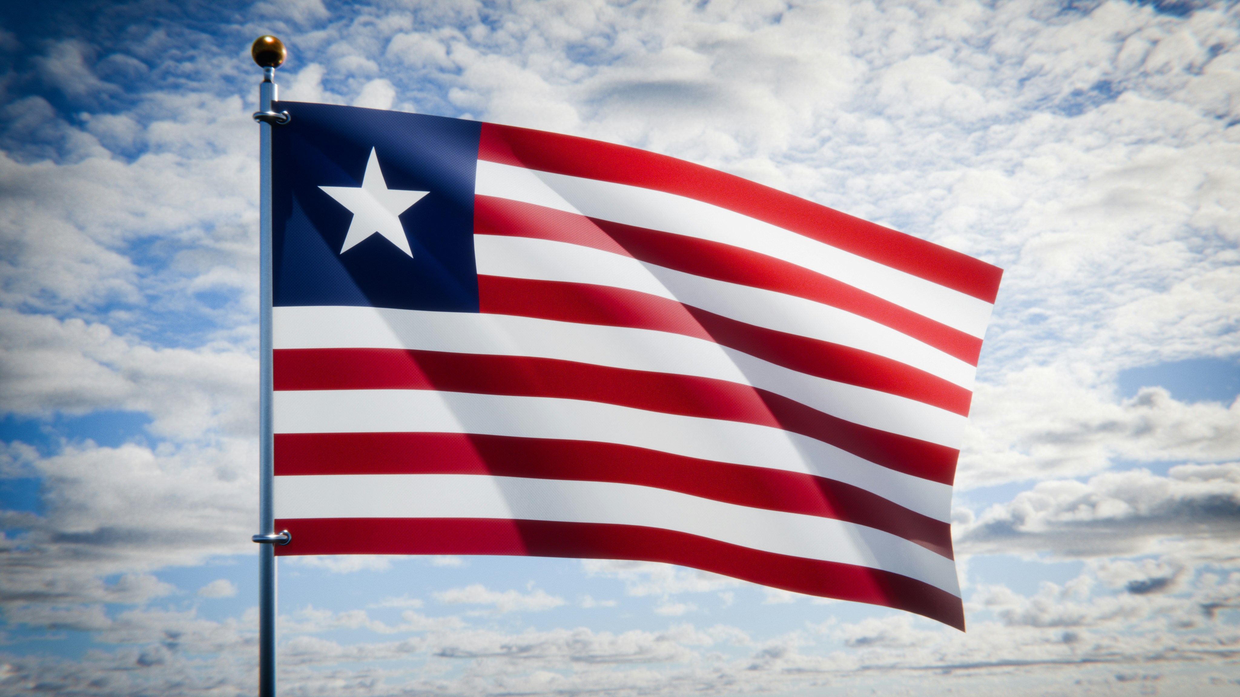Fotomural A 3D render of the flag of Liberia waving against a bright blue sky with clouds