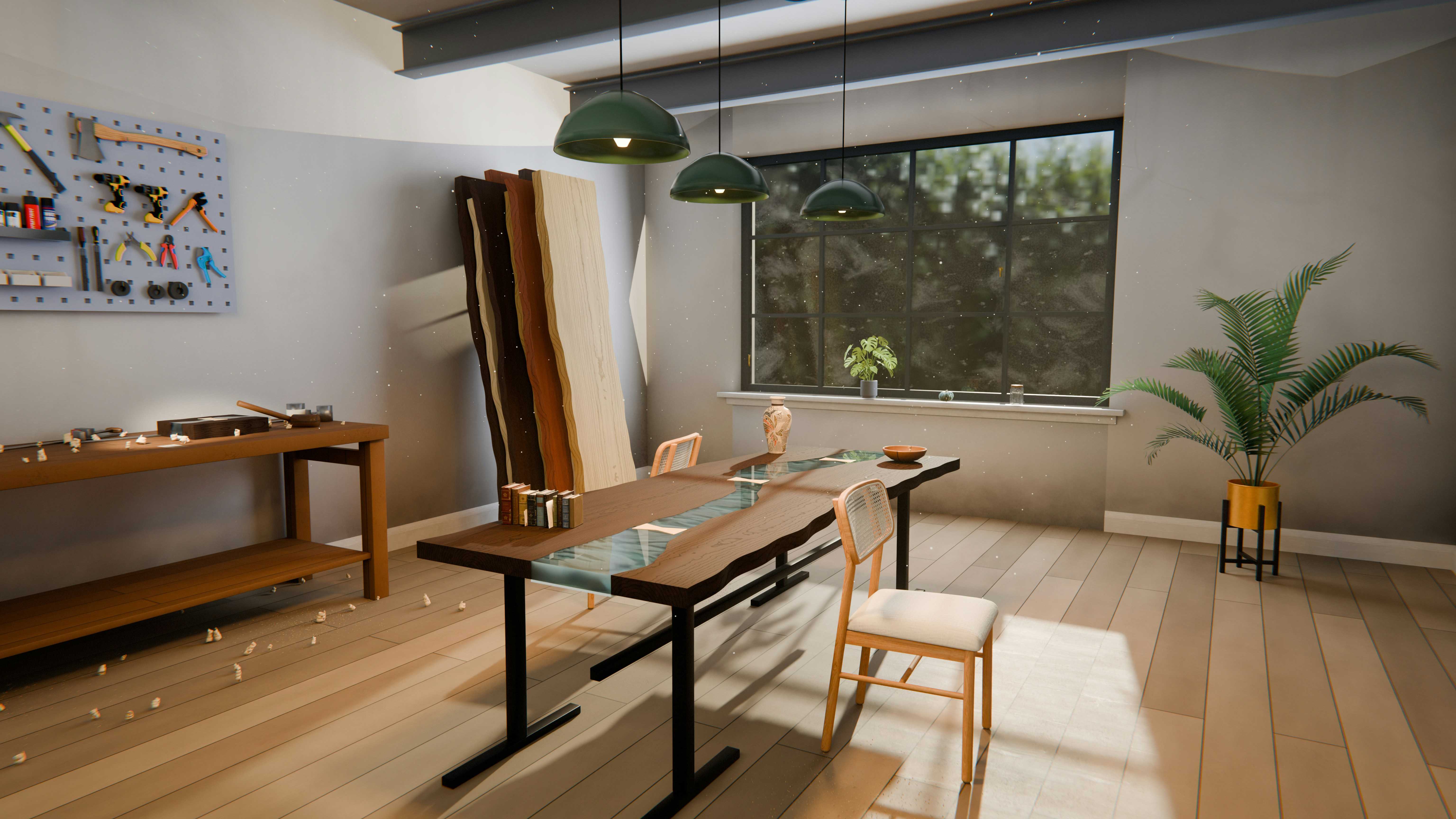 A 3D render of a workshop with a live edge river table and tools on a pegboard
