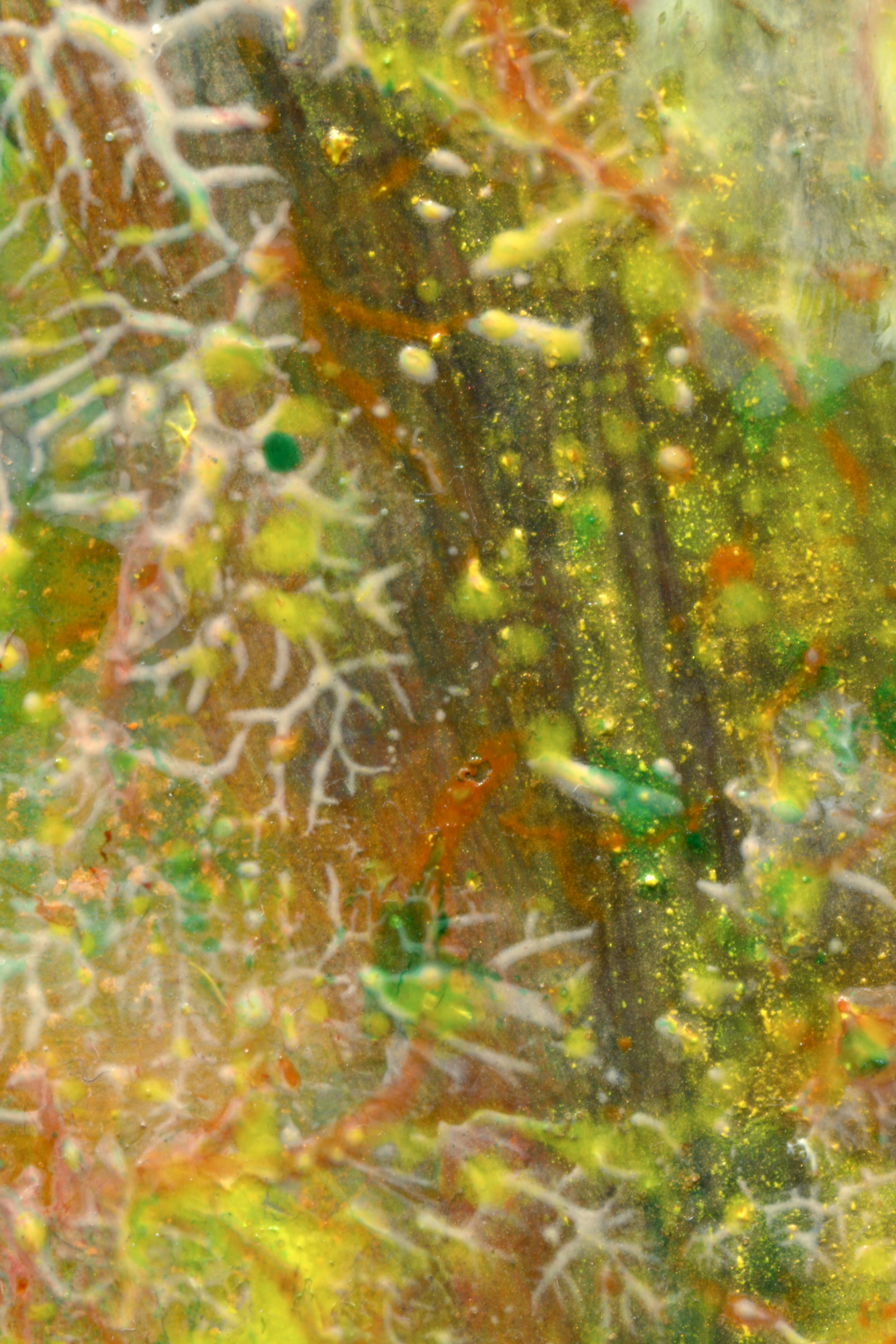 Abstract macro view of yellow and green paint with white branching vein patterns