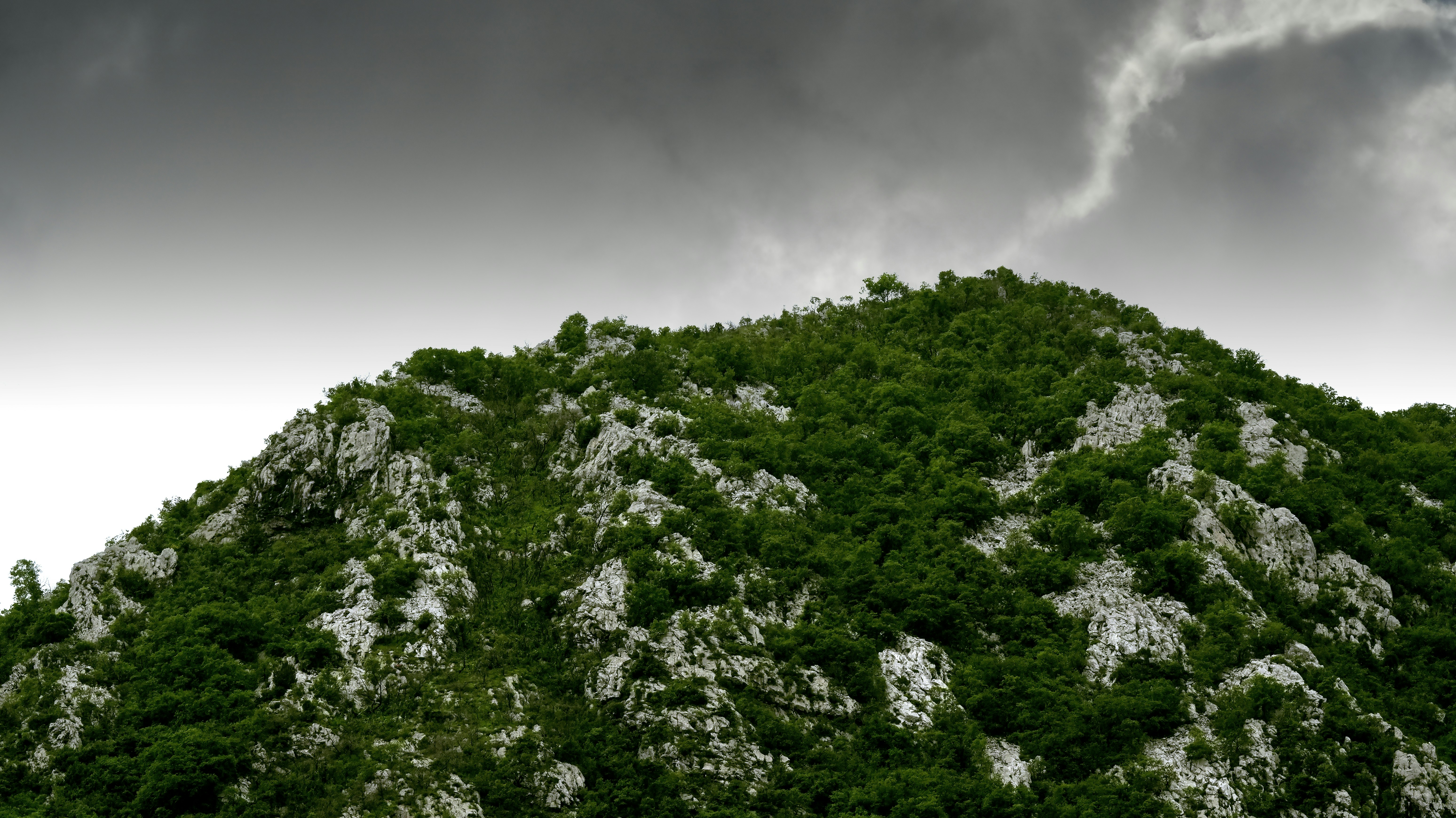 A rocky, tree-covered mountain peak under a dark, overcast sky