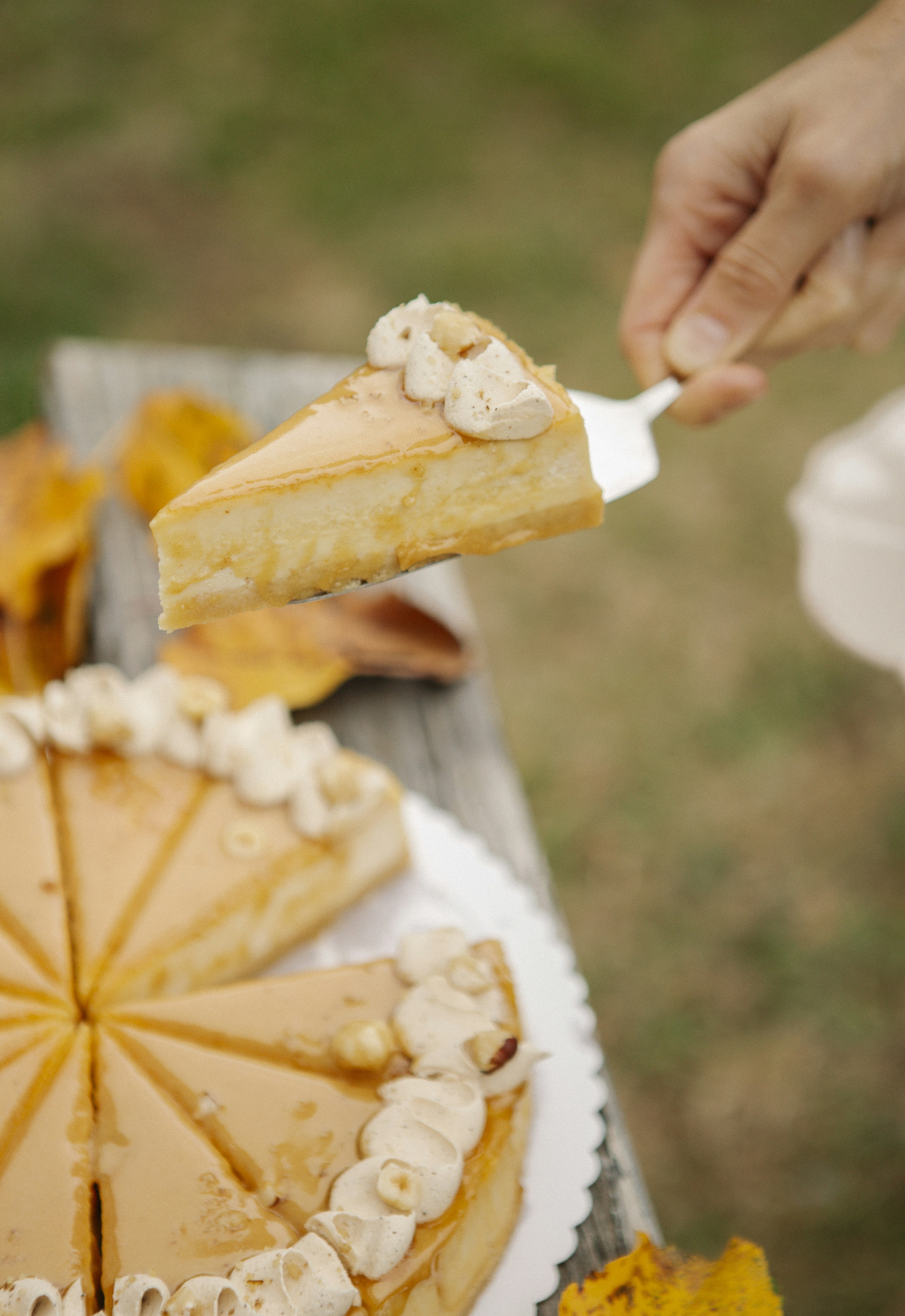 A hand holding a slice of caramel cheesecake with whipped cream and hazelnuts outdoors