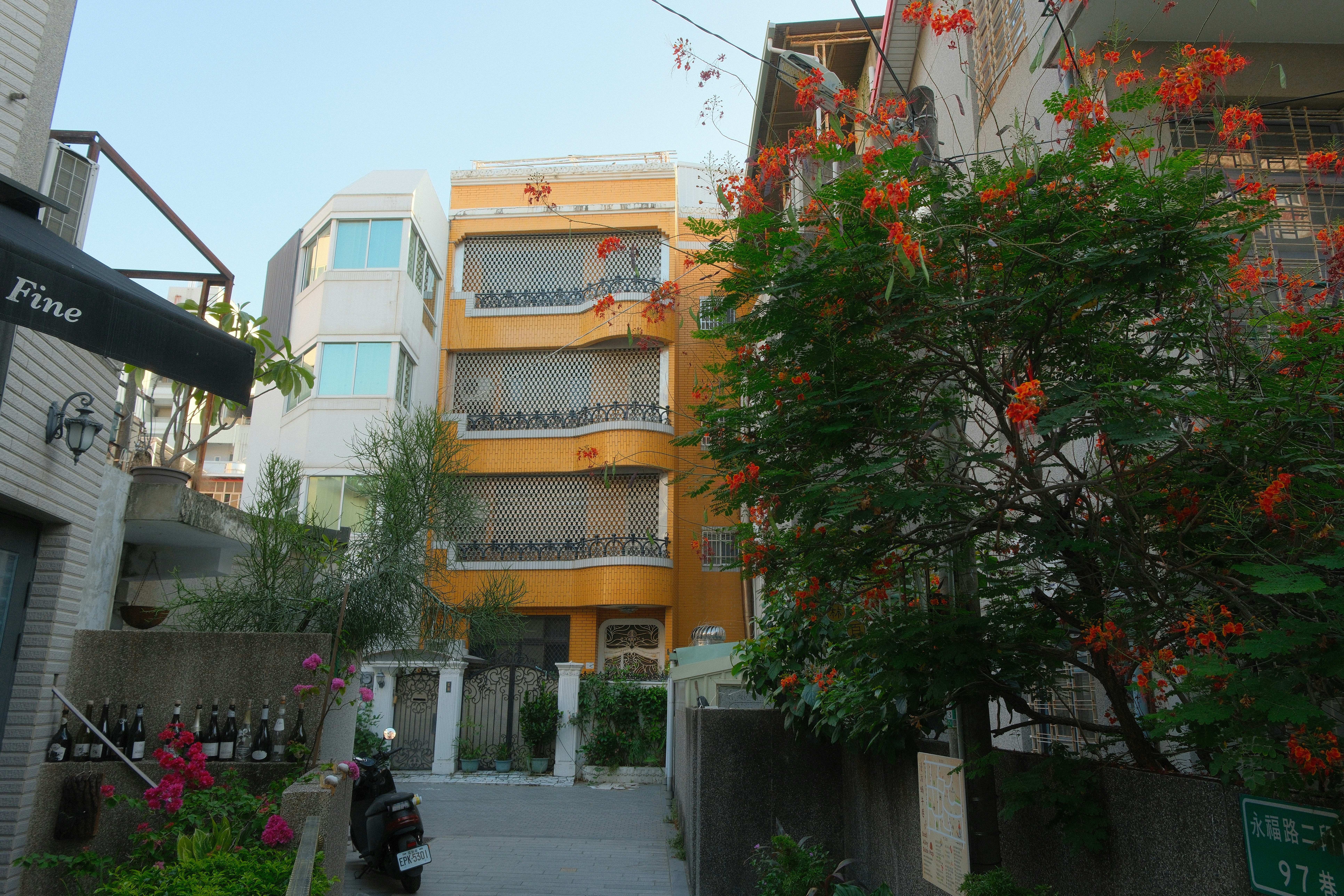 Una calle estrecha conduce a un edificio amarillo con balcones y un árbol en flor en primer plano
