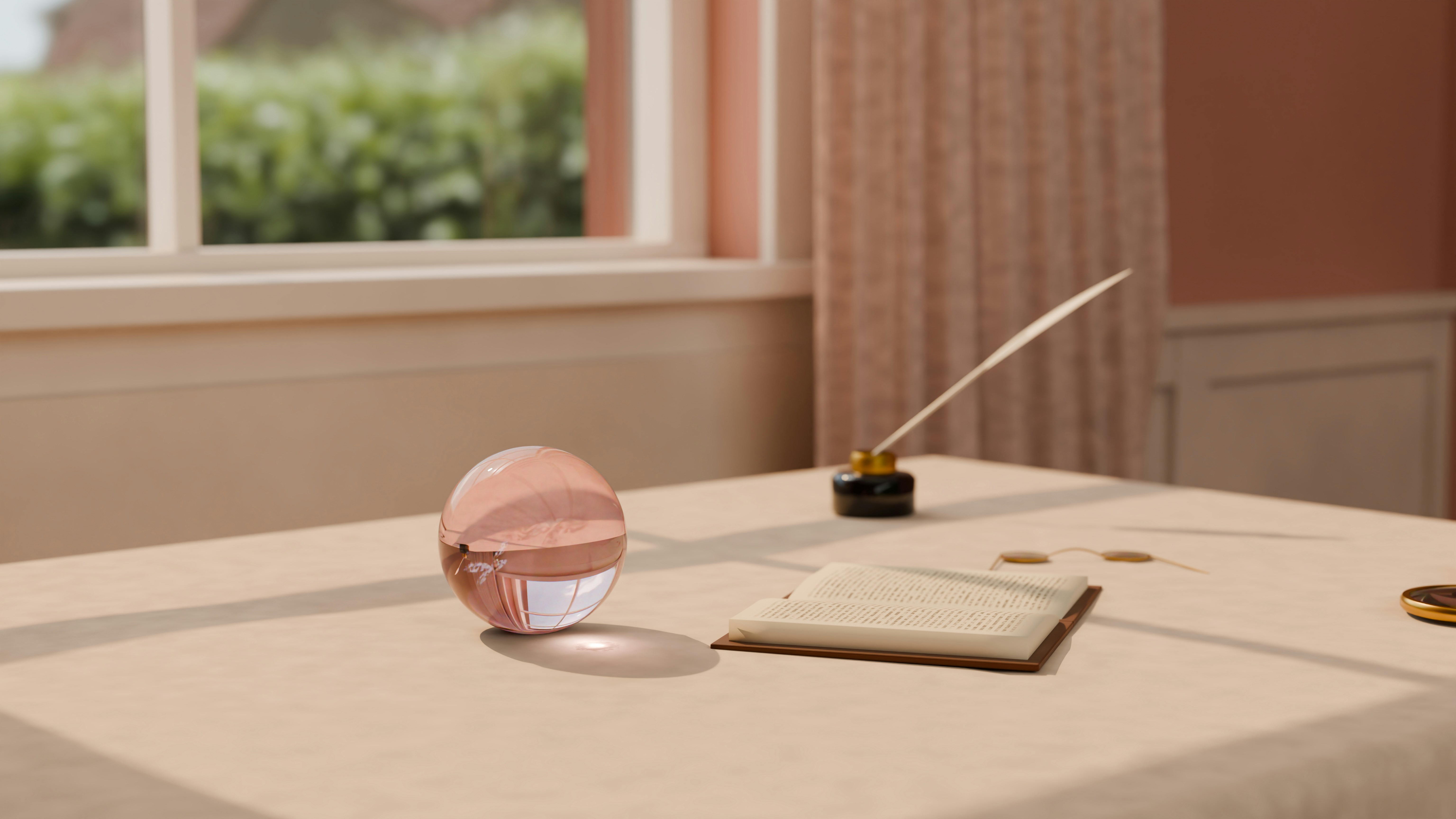 A 3D render of a glass sphere, an open book, and a quill on a table