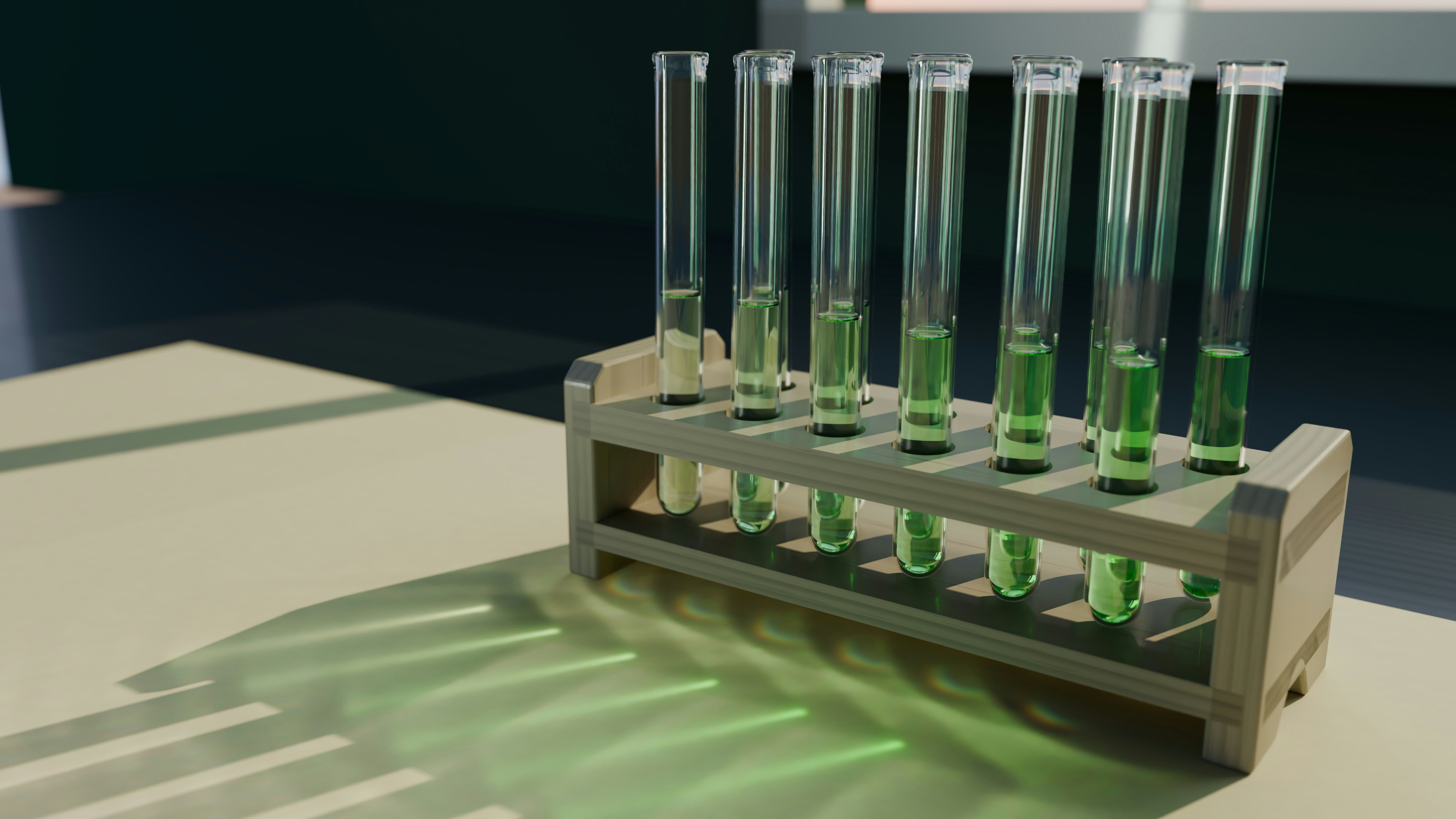 A row of green-filled glass test tubes sits in a wooden laboratory rack, casting long refracted shadows across a sunlit surface.