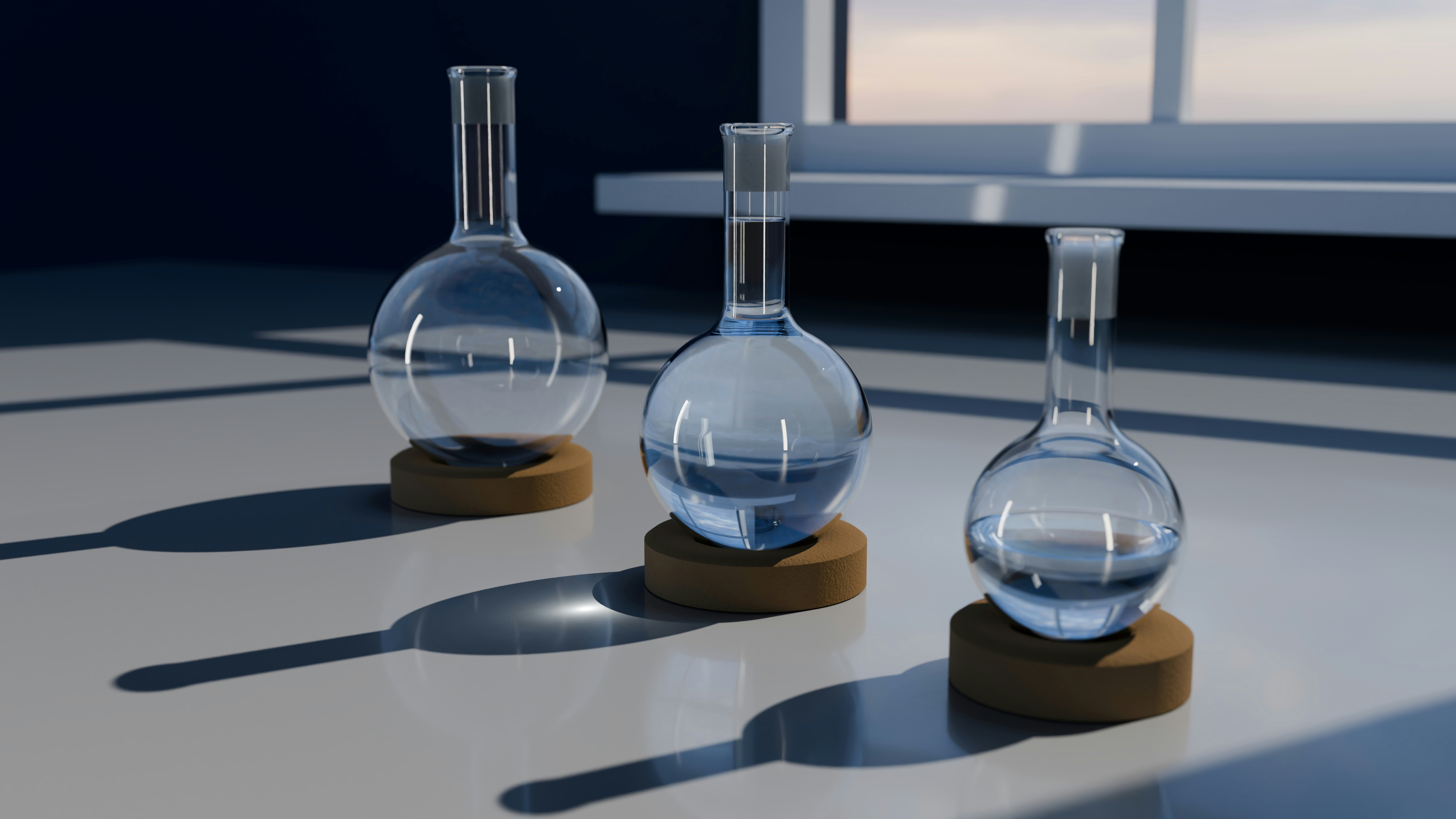 A row of transparent laboratory flasks creates a repeated still life of glassware, liquid and reflected light.