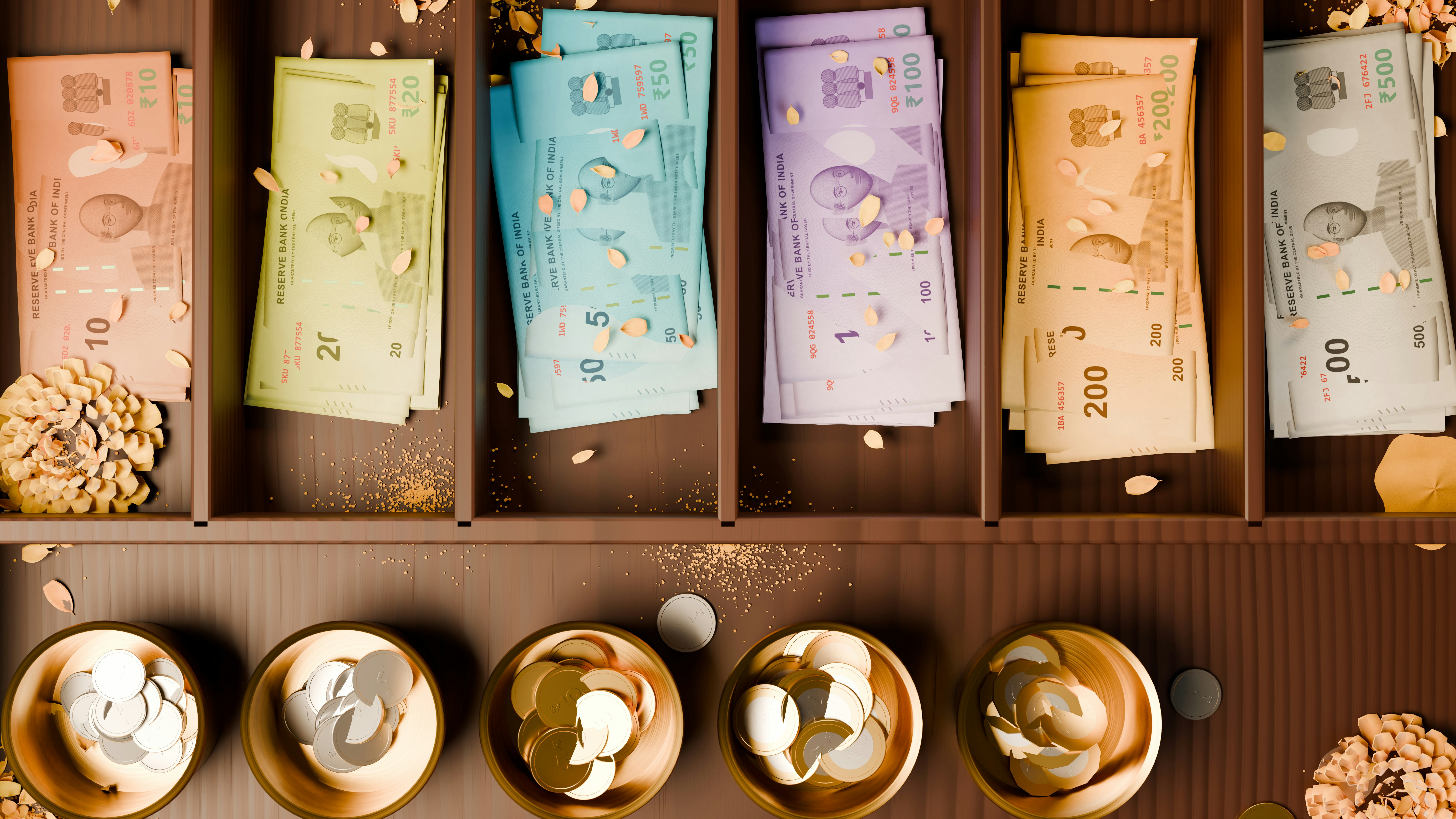 A 3D render of Indian rupee banknotes in wooden compartments and coins in bowls