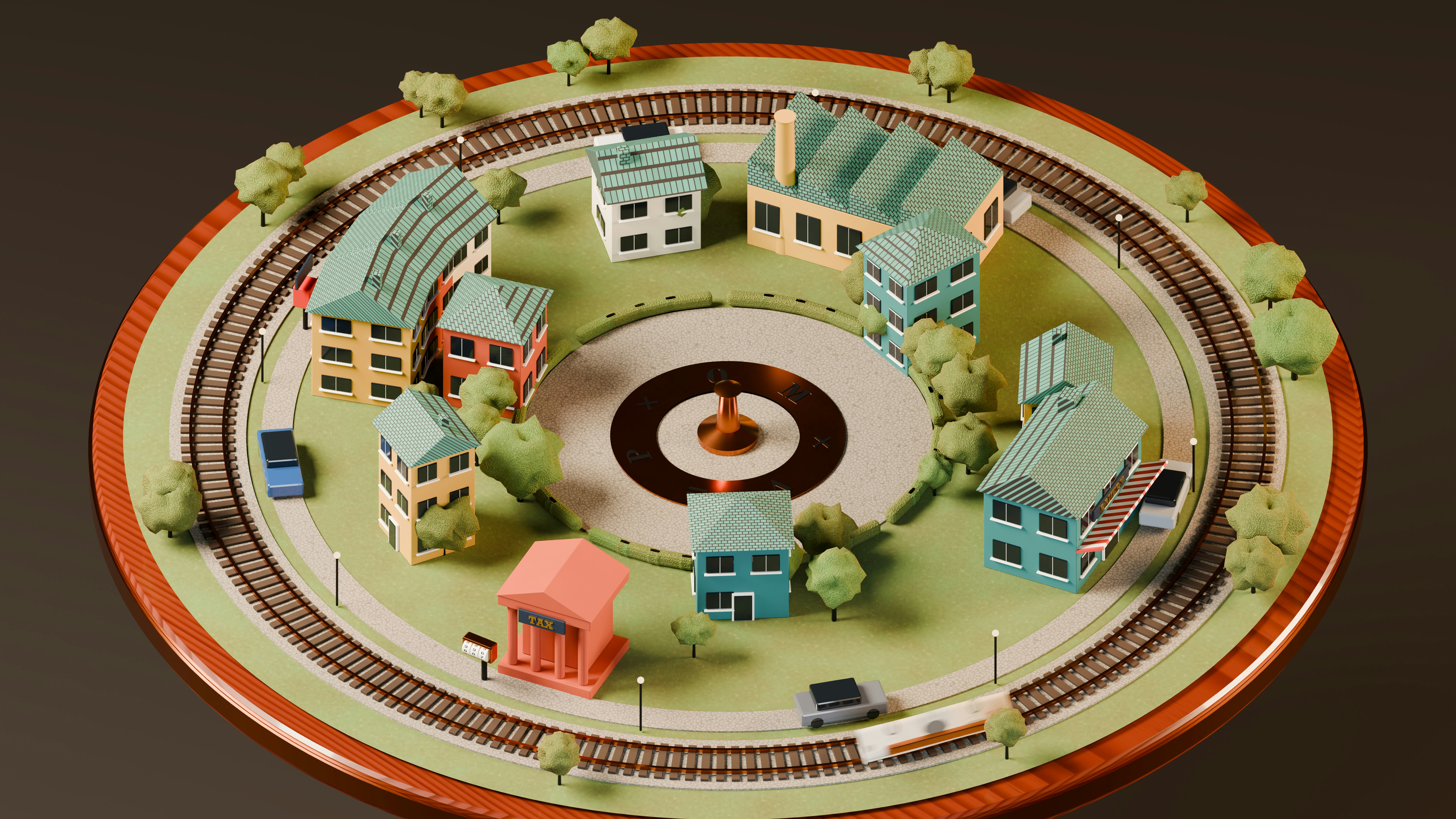 A 3D render of a miniature circular town with buildings and a train track