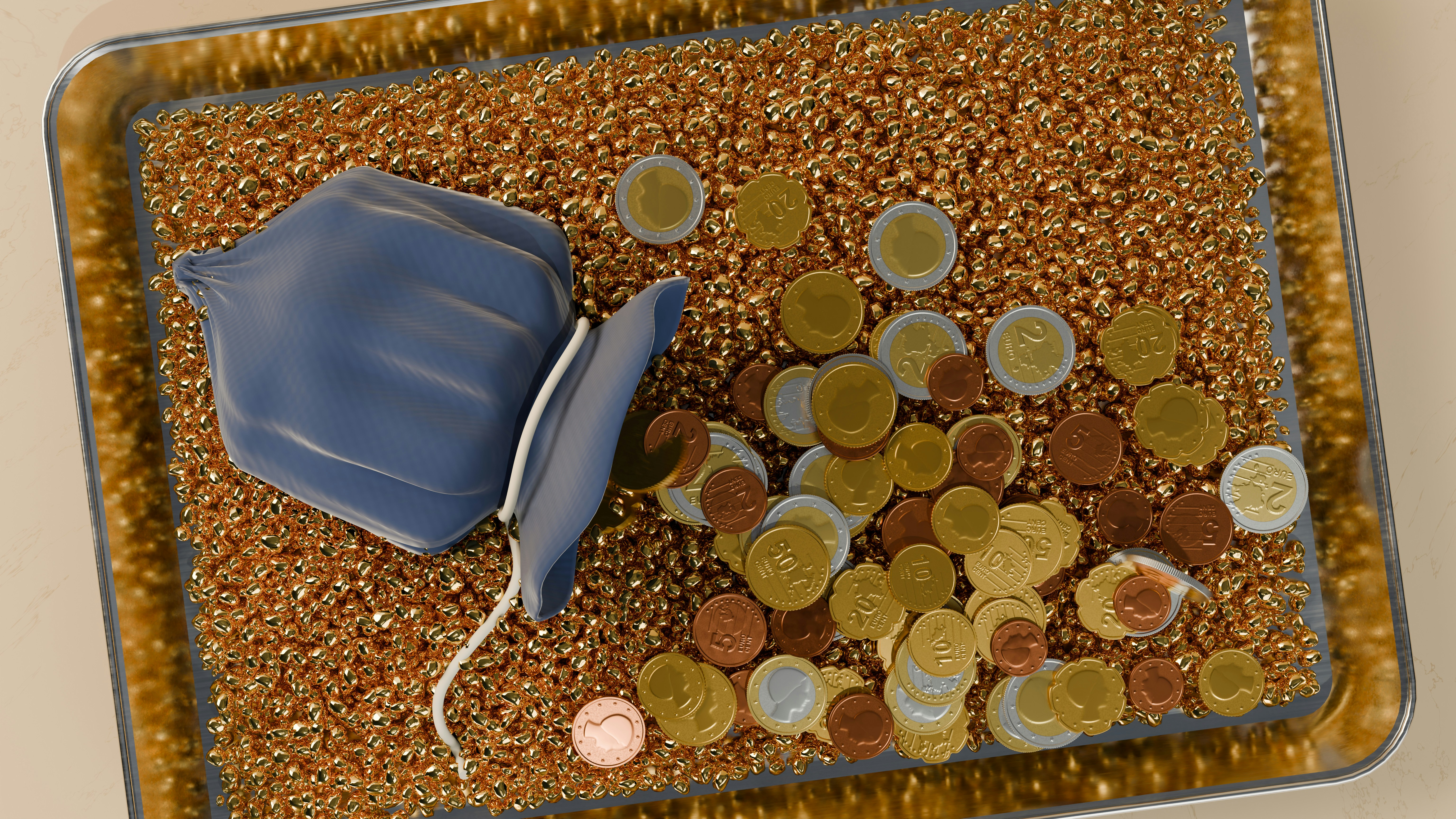 A 3D render of a blue pouch spilling euro coins onto a bed of gold nuggets