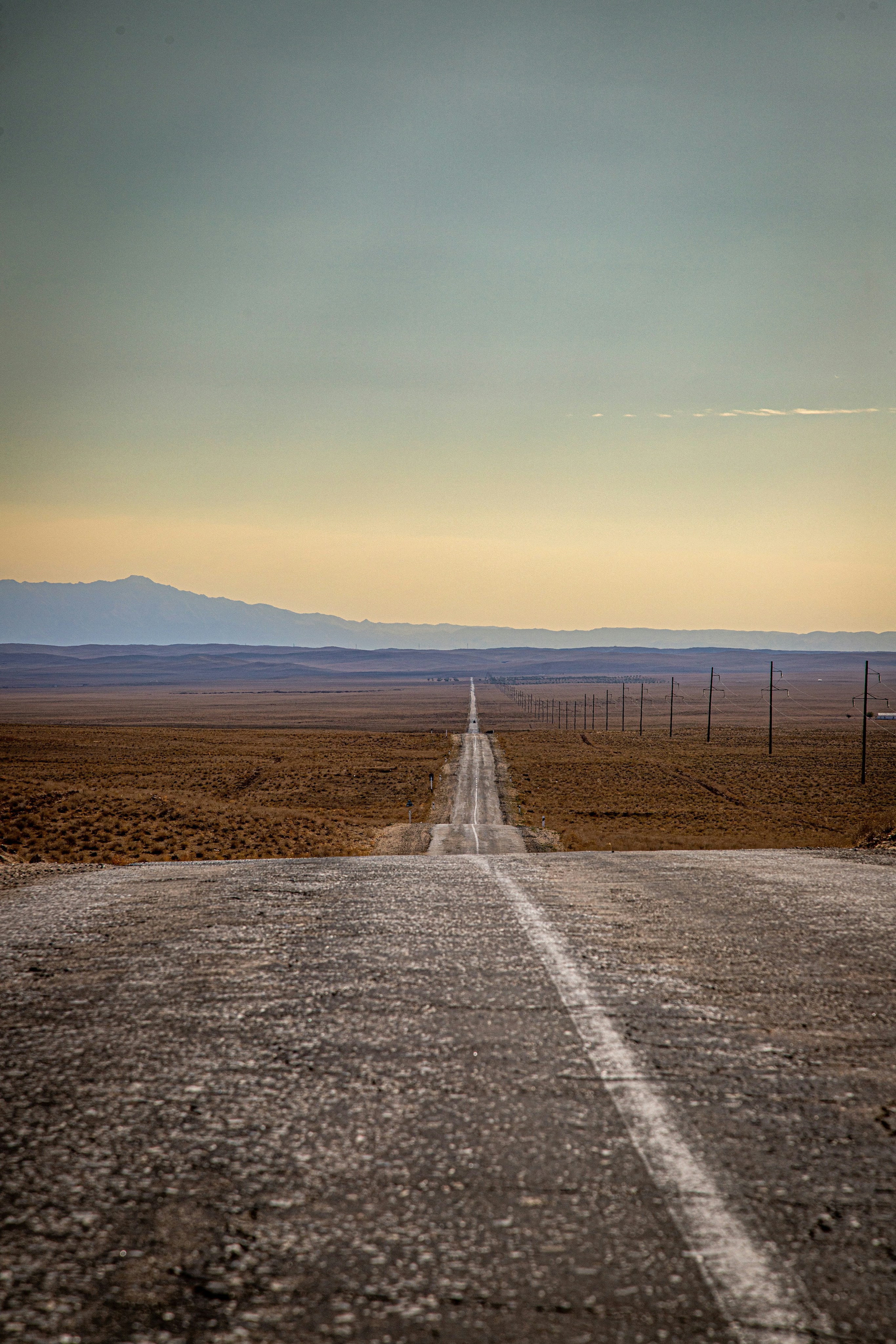 A long straight road stretching through a vast arid landscape under a pale sky