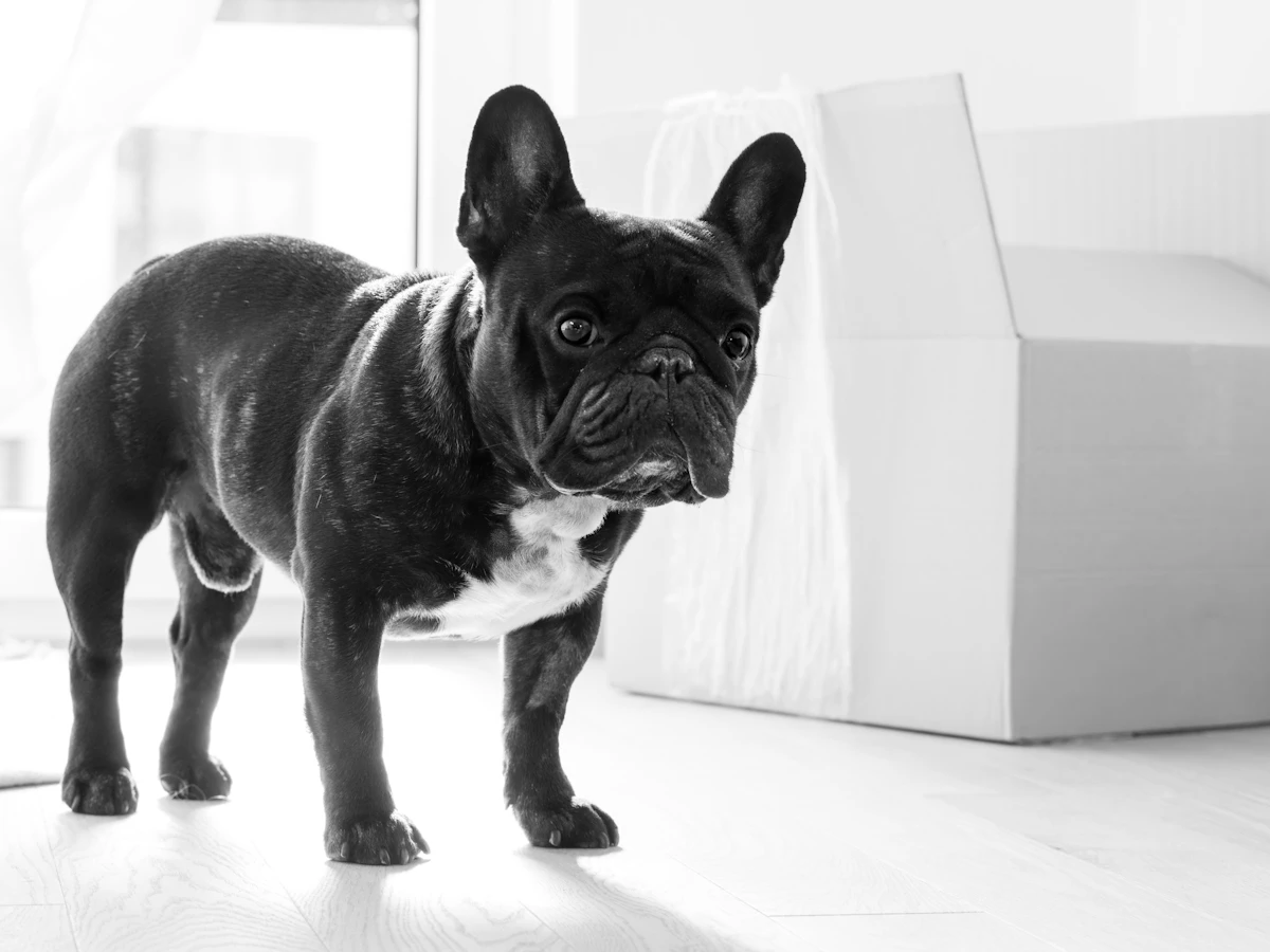 French bulldog standing in a bright, minimal home
