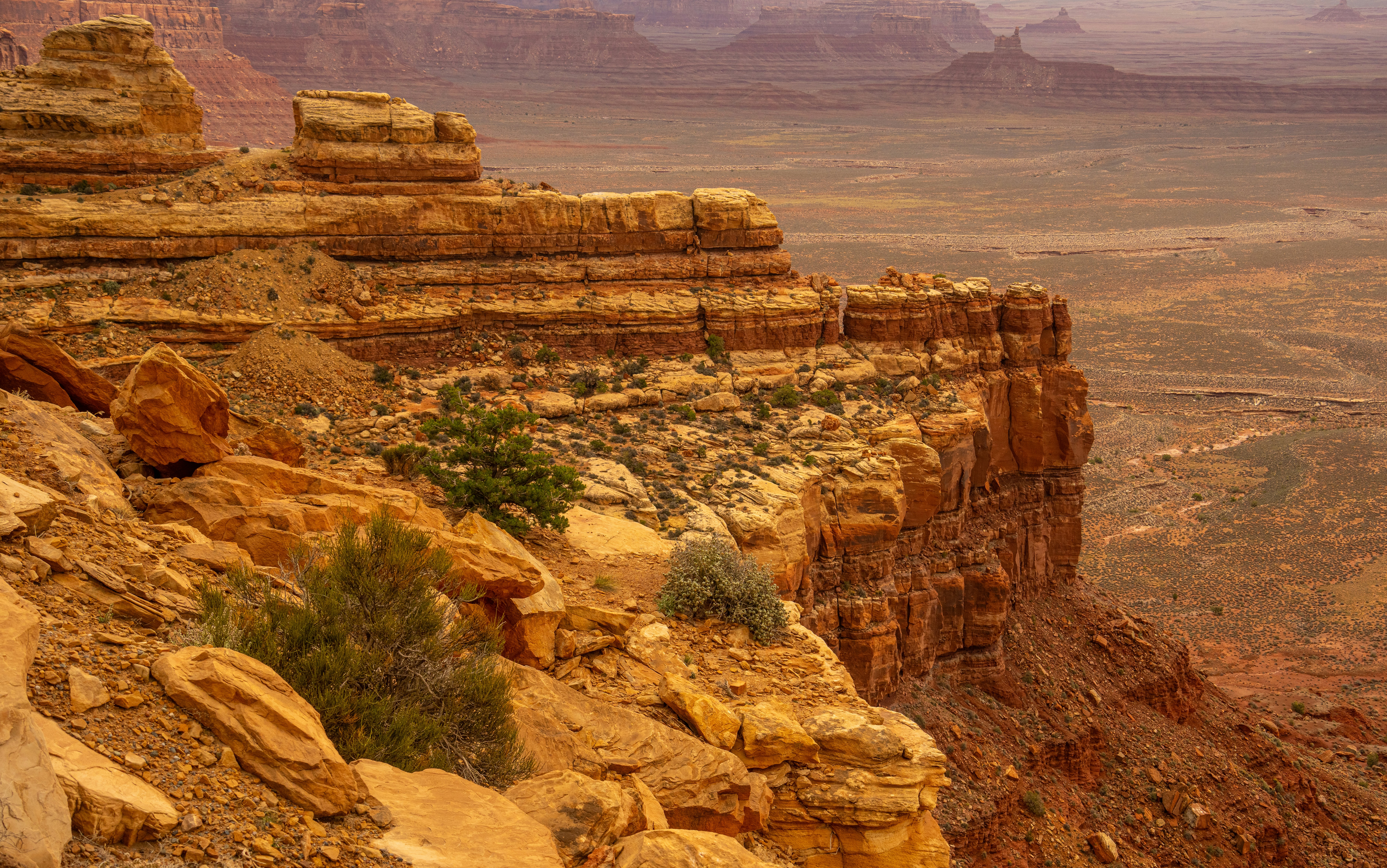 Scogliere di arenaria stratificate che dominano una vasta valle desertica sotto la calda luce dell'ora dorata