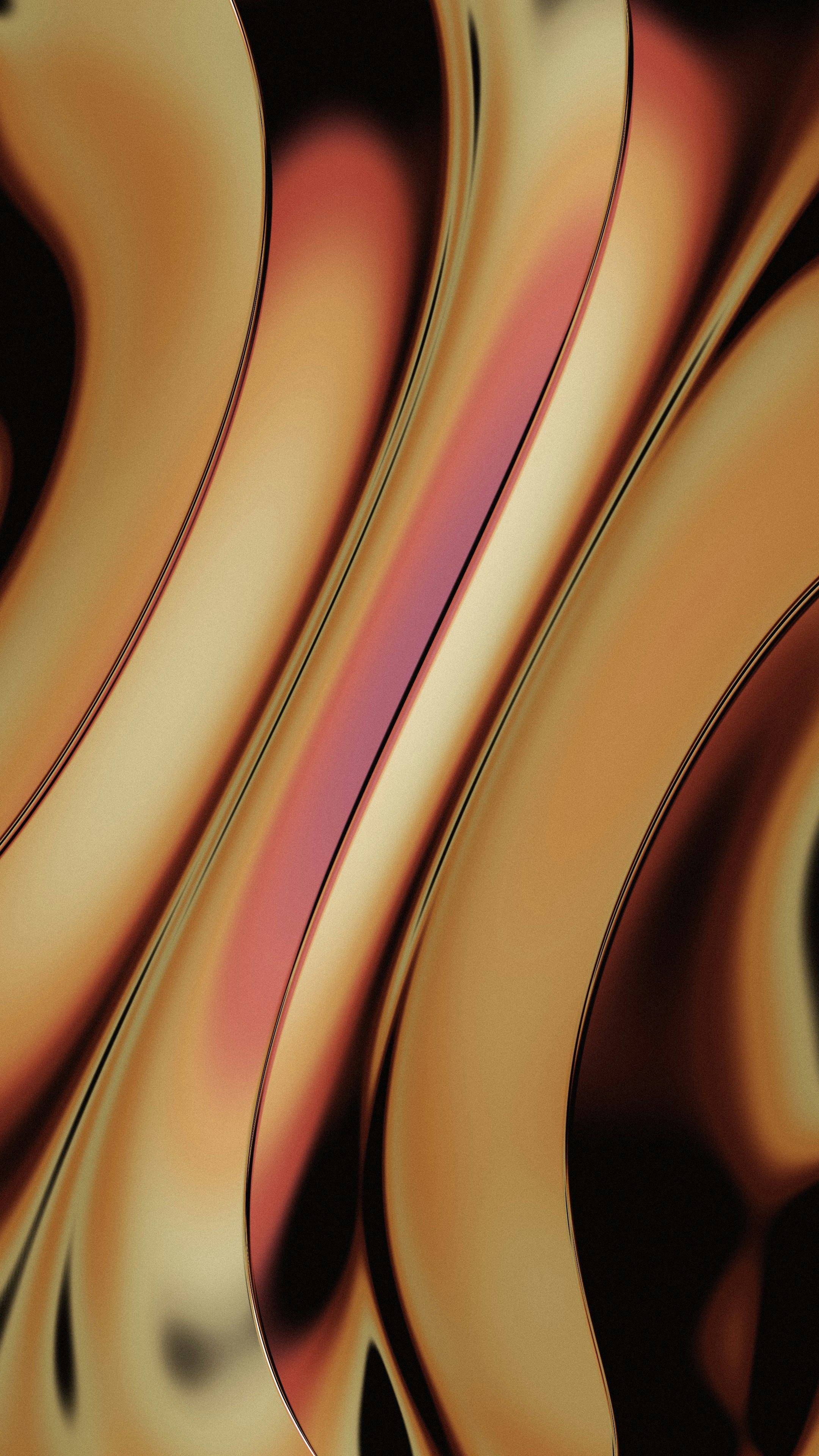 A 3D render of smooth flowing golden curves with soft pink and dark shadows