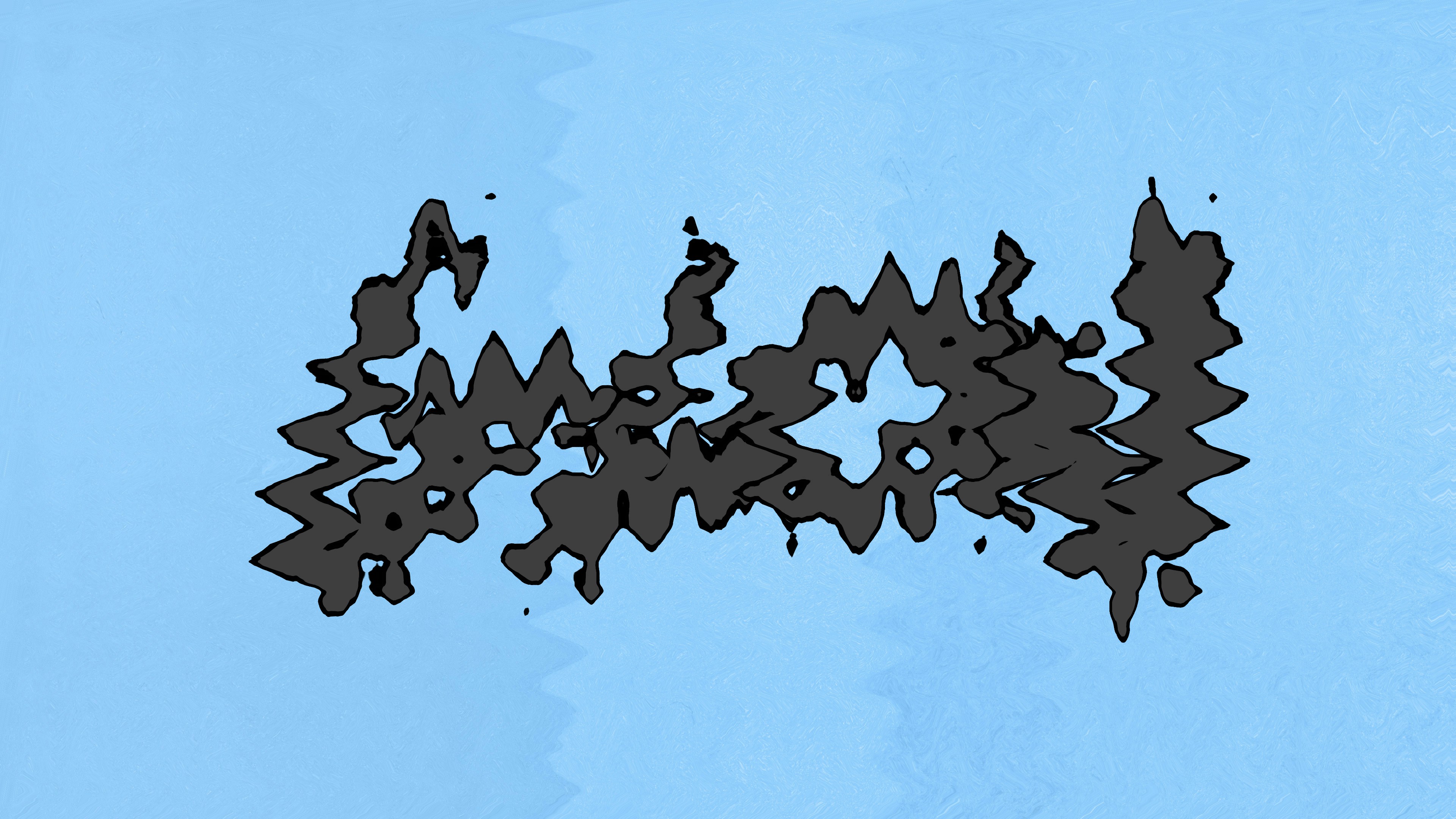 A 3D render of a dark grey distorted shape on a light blue background