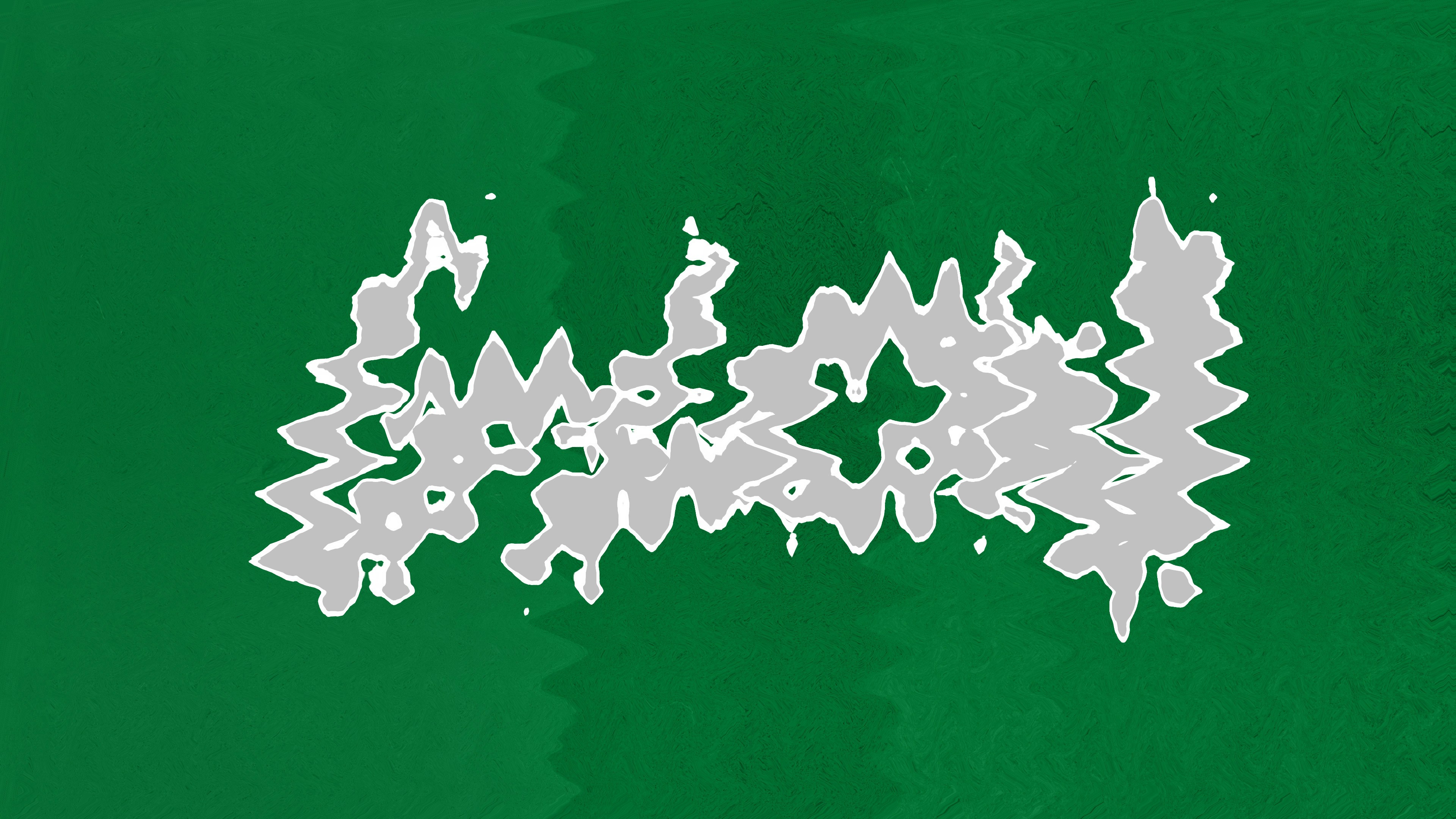 A 3D render of a white distorted text shape on a textured green background