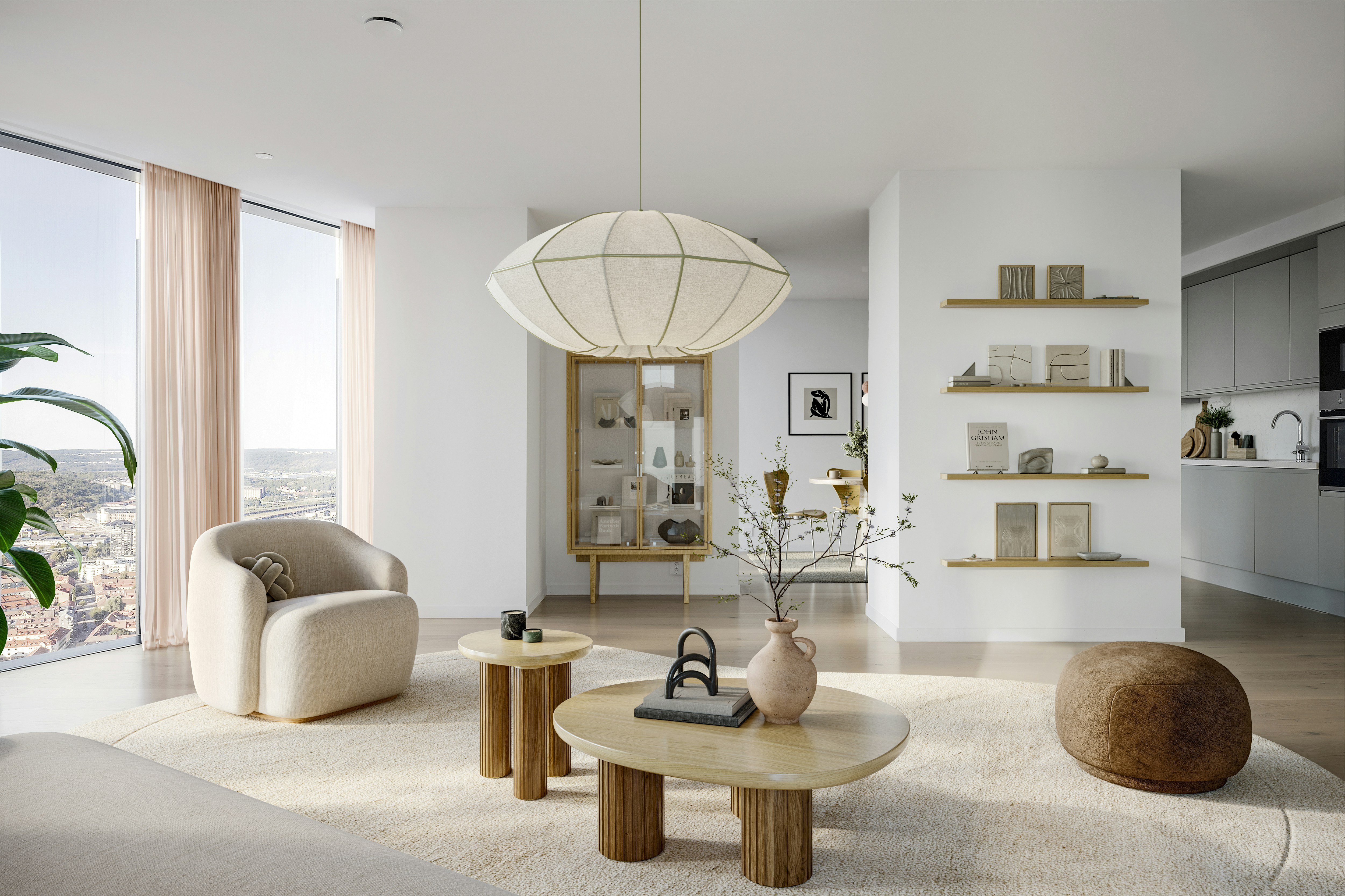 A bright living room with a pendant lamp, wooden coffee tables, and a cream armchair