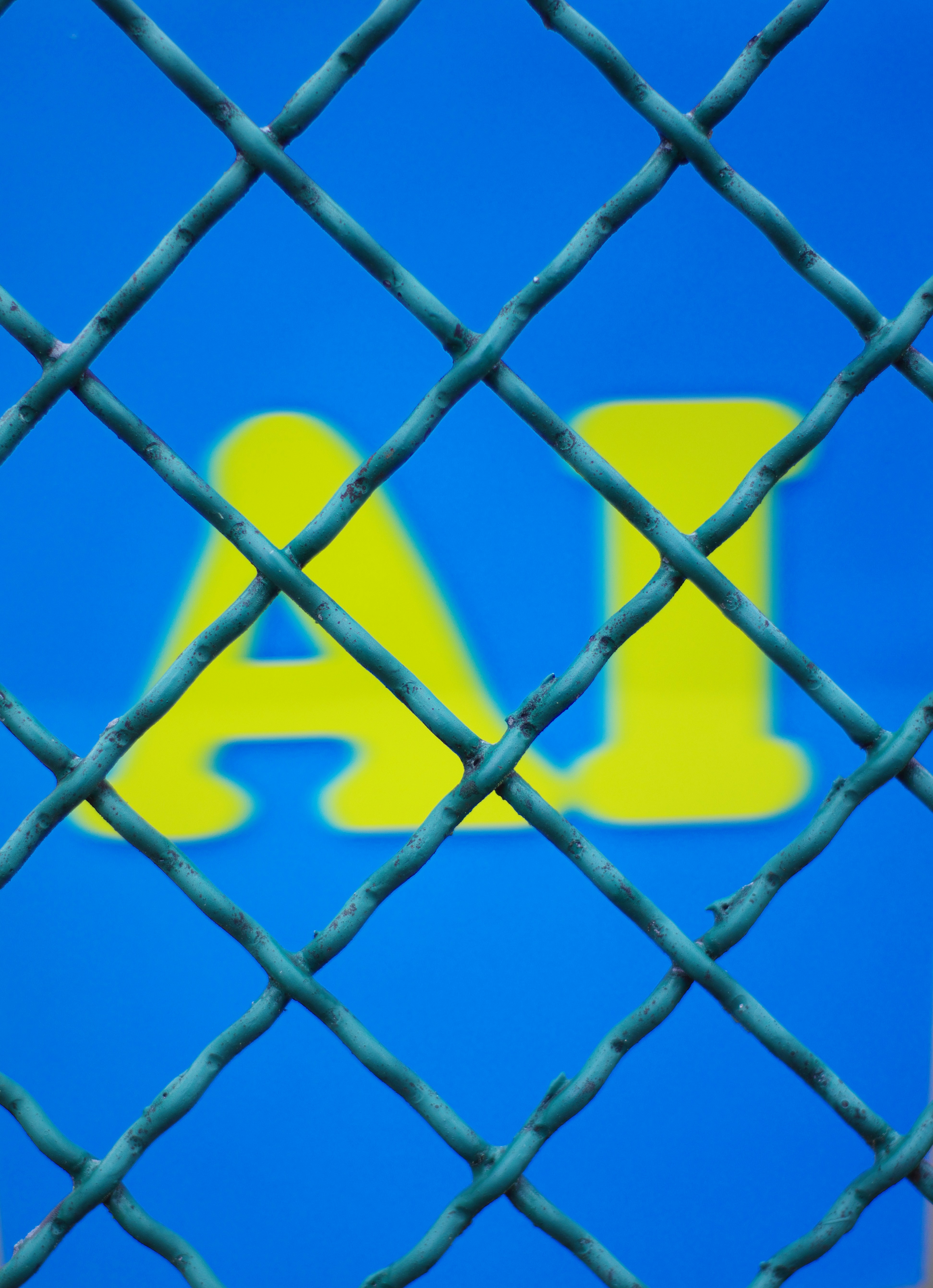 A green chain-link fence in front of a bright blue sign with yellow letters