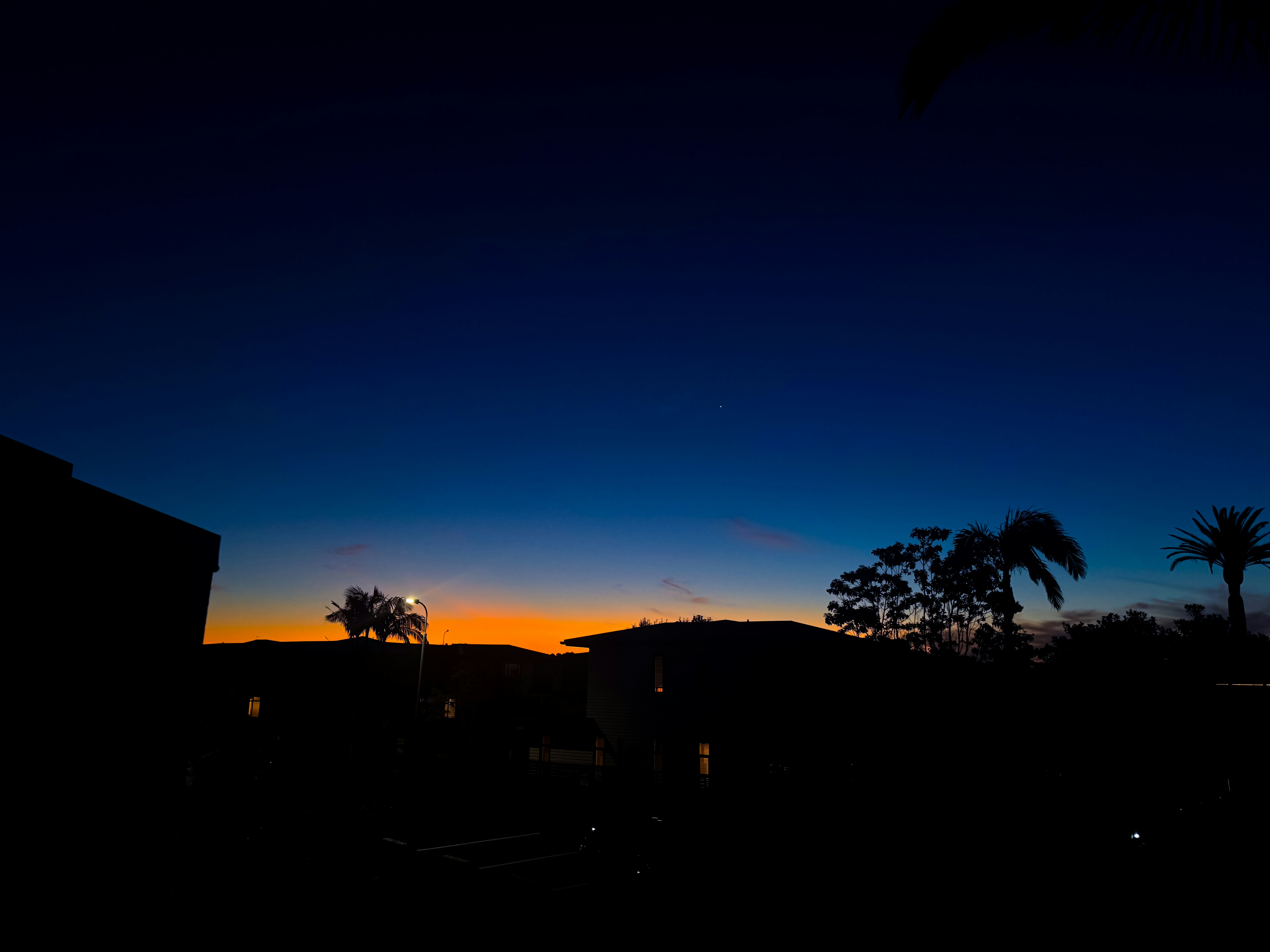 Silhouetted houses and palm trees against a vibrant orange and deep blue sky