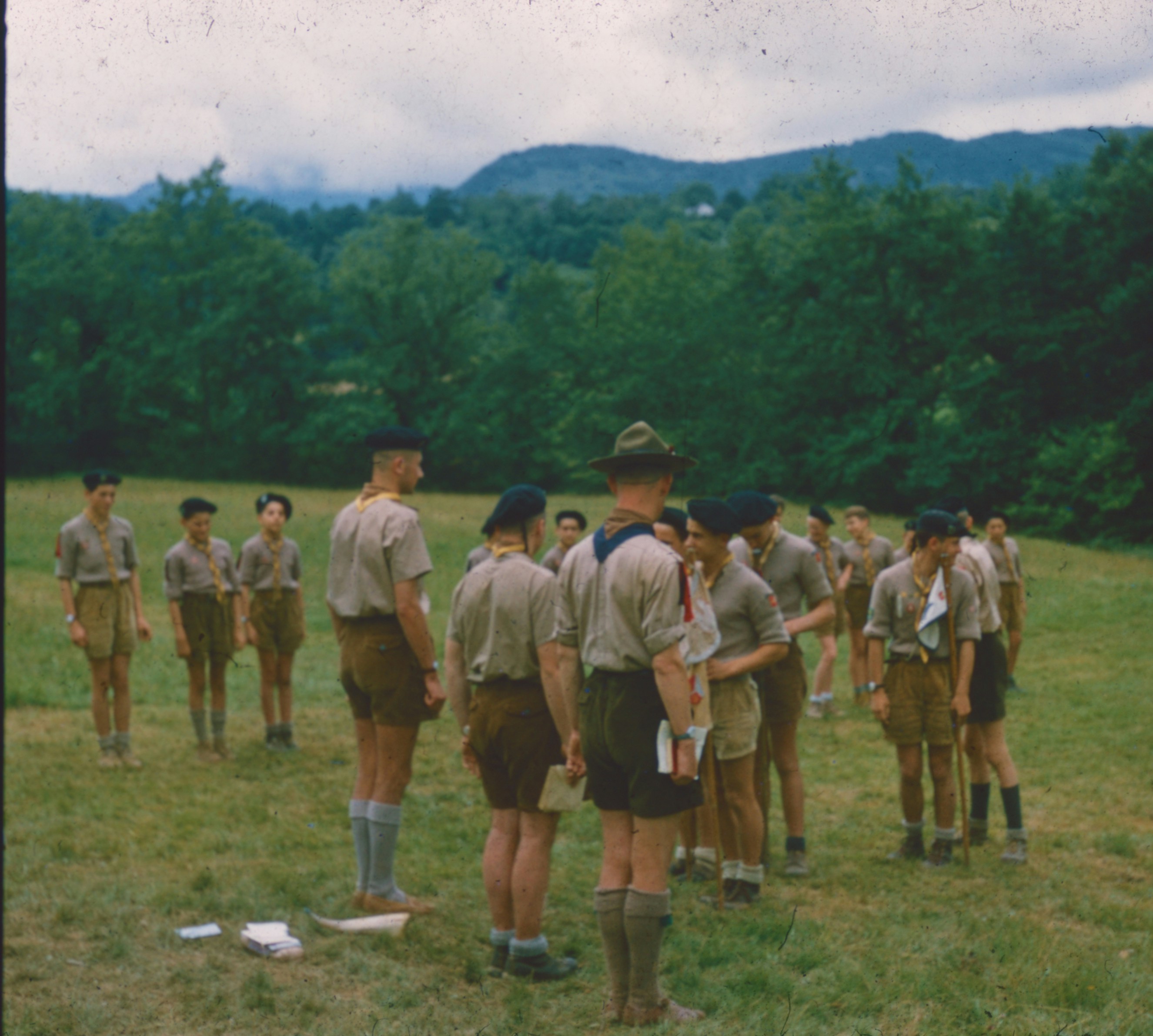 A group of scouts in uniform standing in a grassy field with forested hills in the background