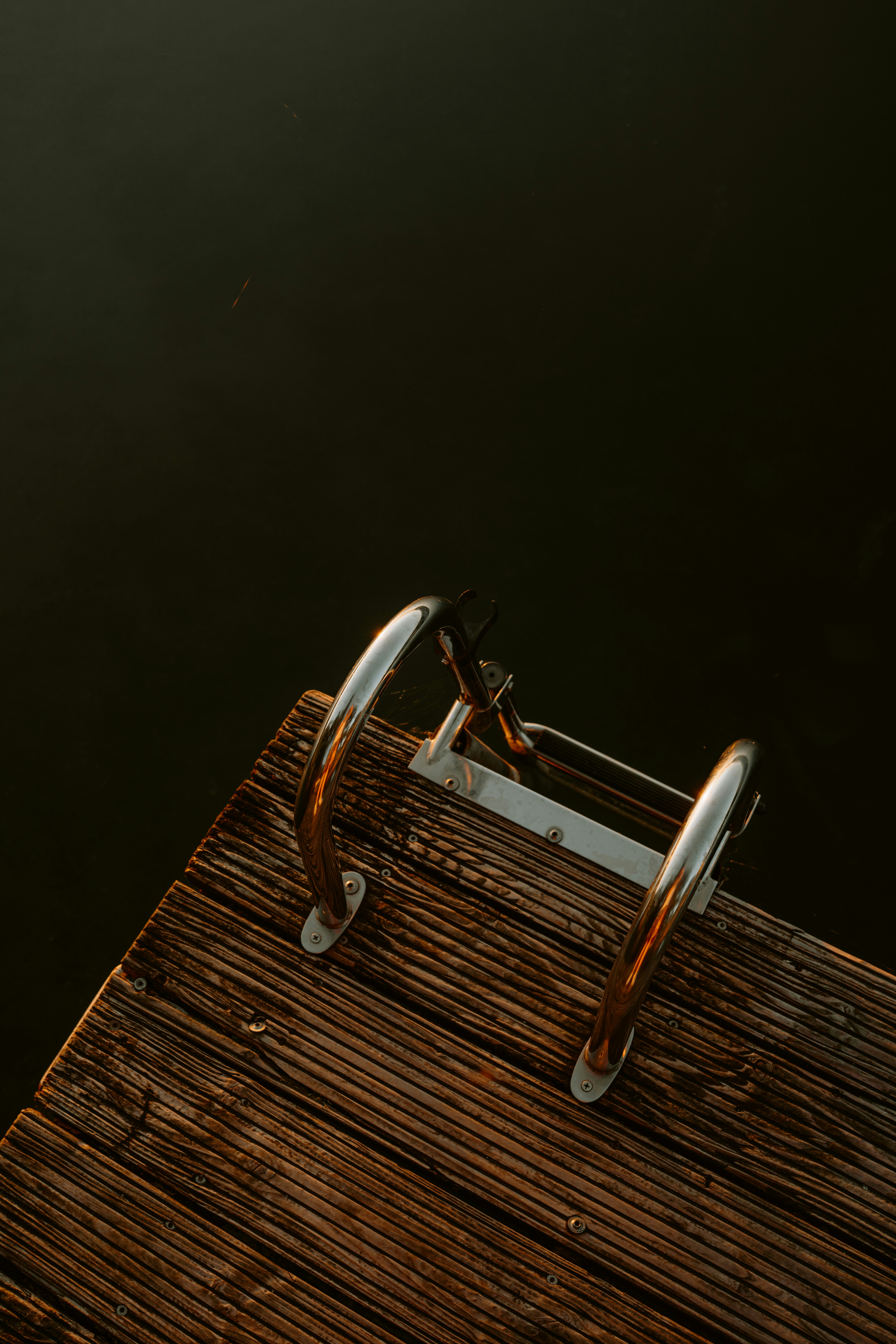 A metal swimming ladder attached to a weathered wooden dock over dark water