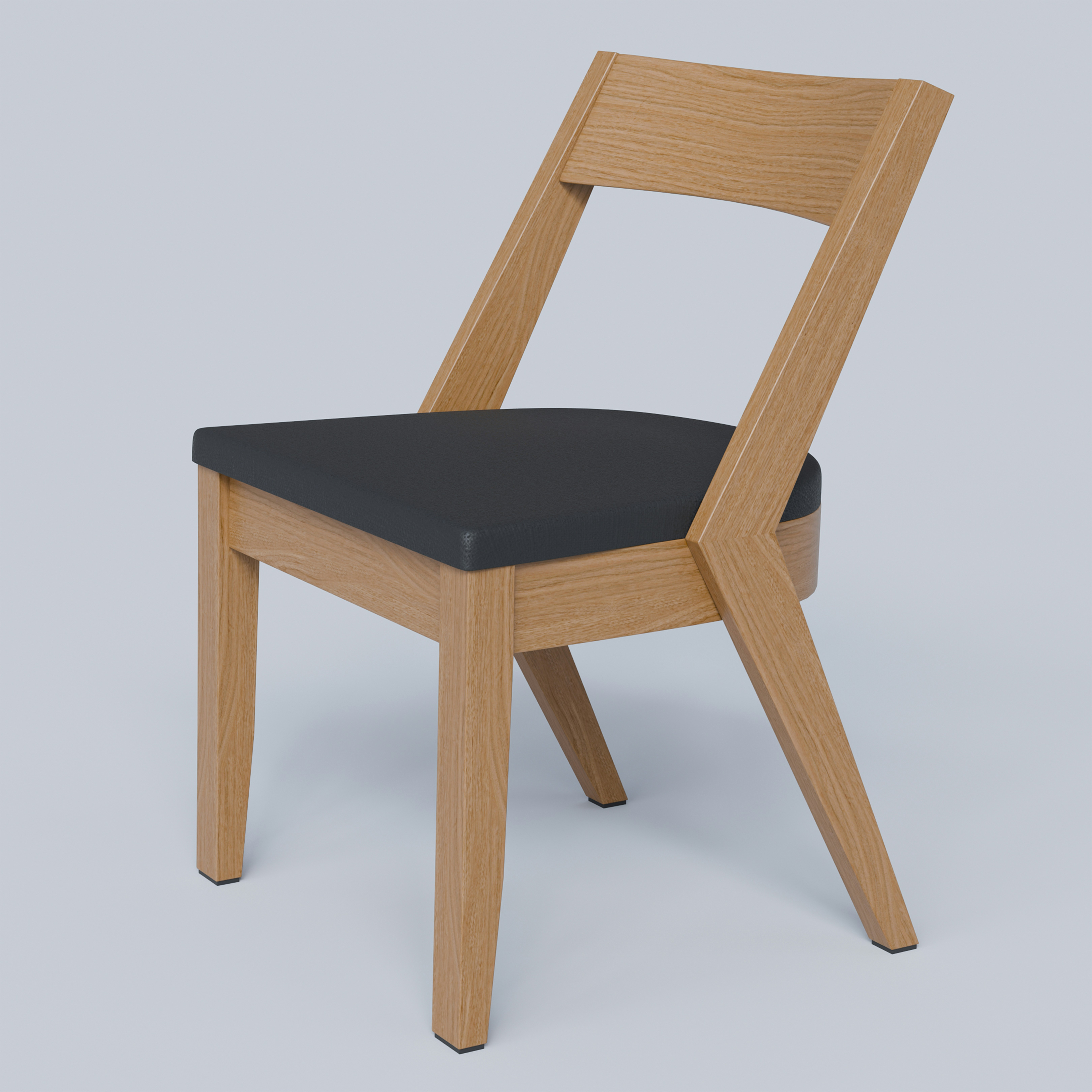 backrest: A 3D render of a wooden chair with a black seat against a plain background