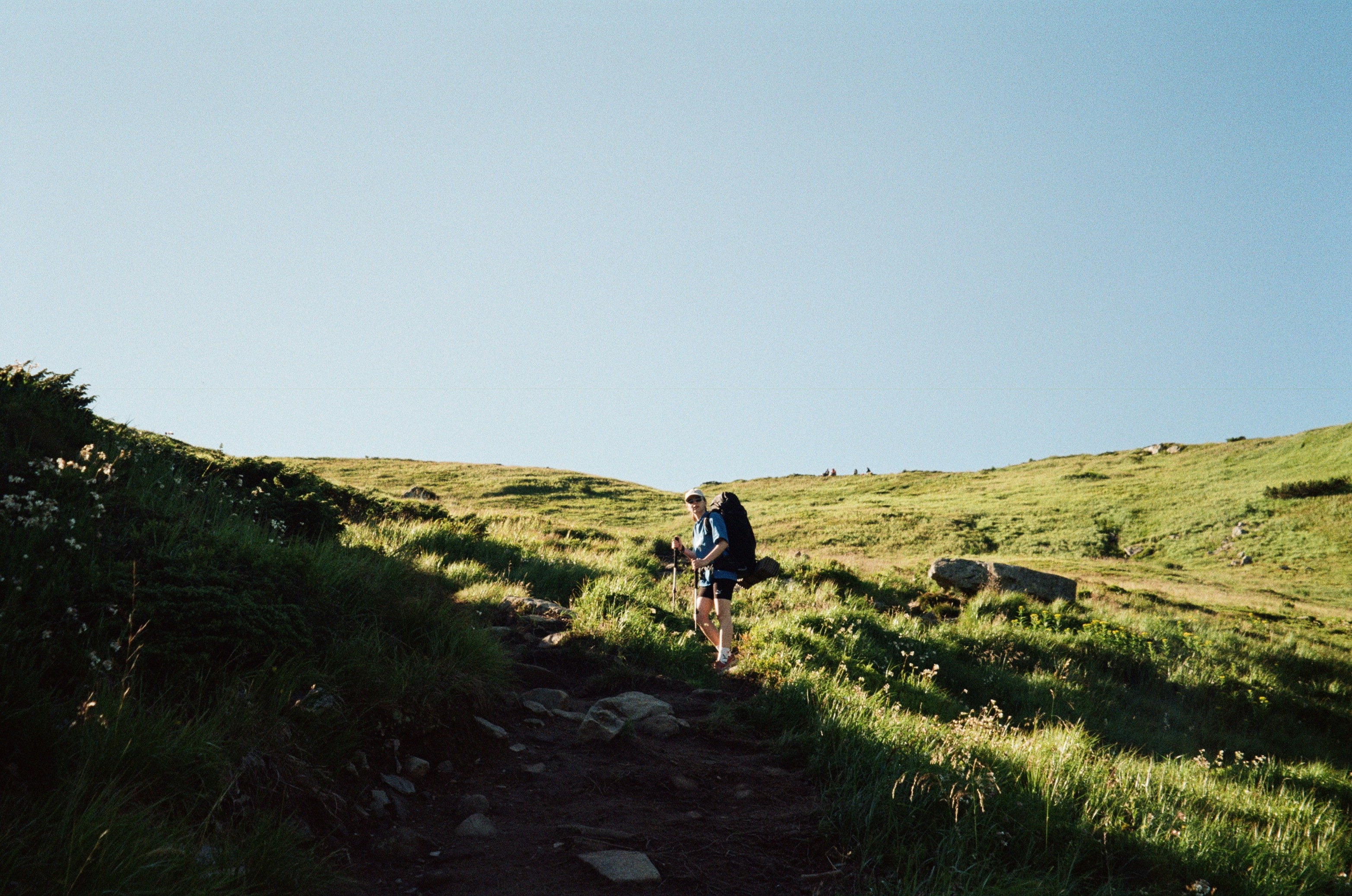 A hiker with a large backpack and trekking poles on a grassy mountain trail