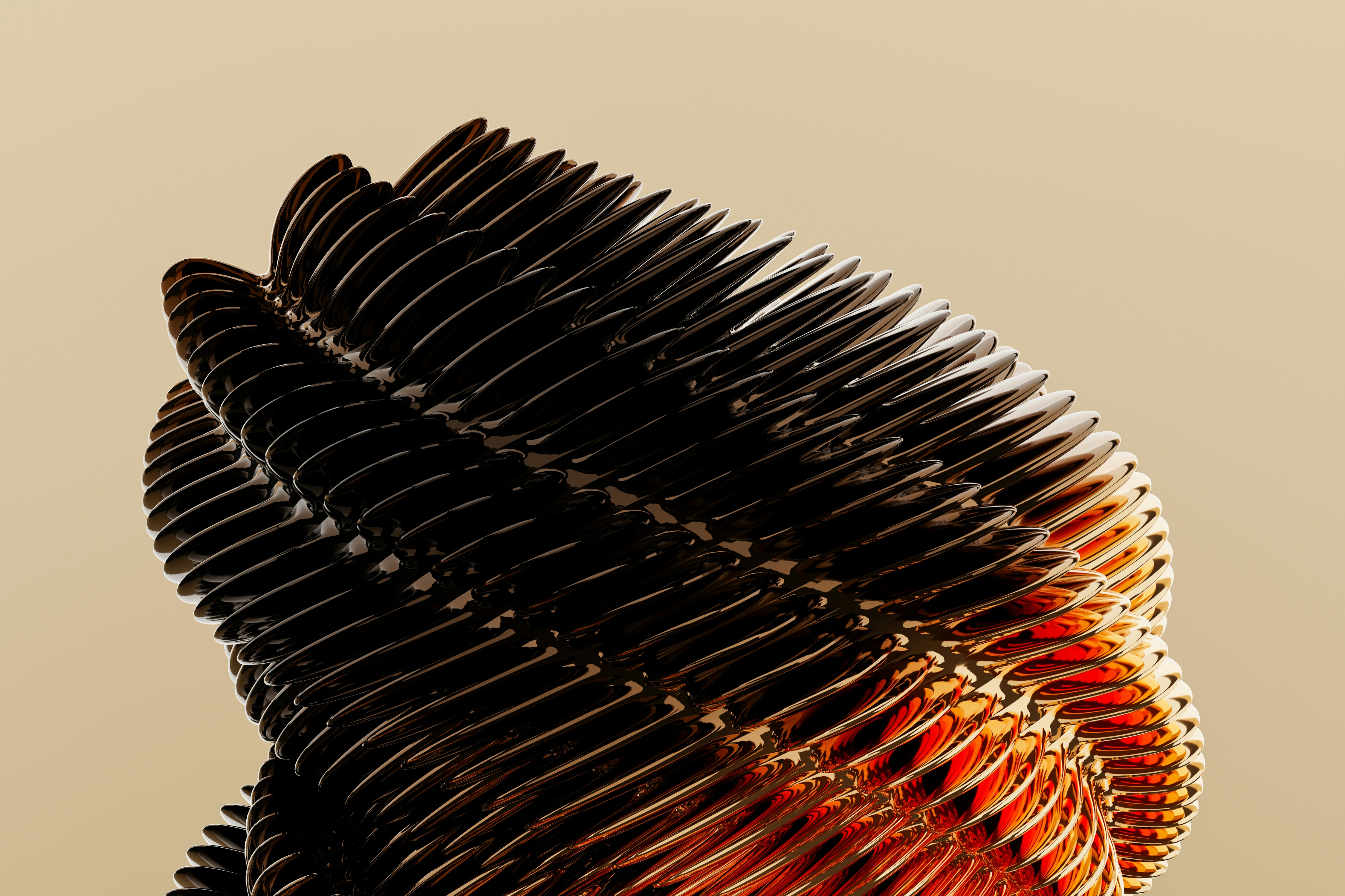 A 3D render of a dark metallic abstract sculpture with layered ridges against a beige background