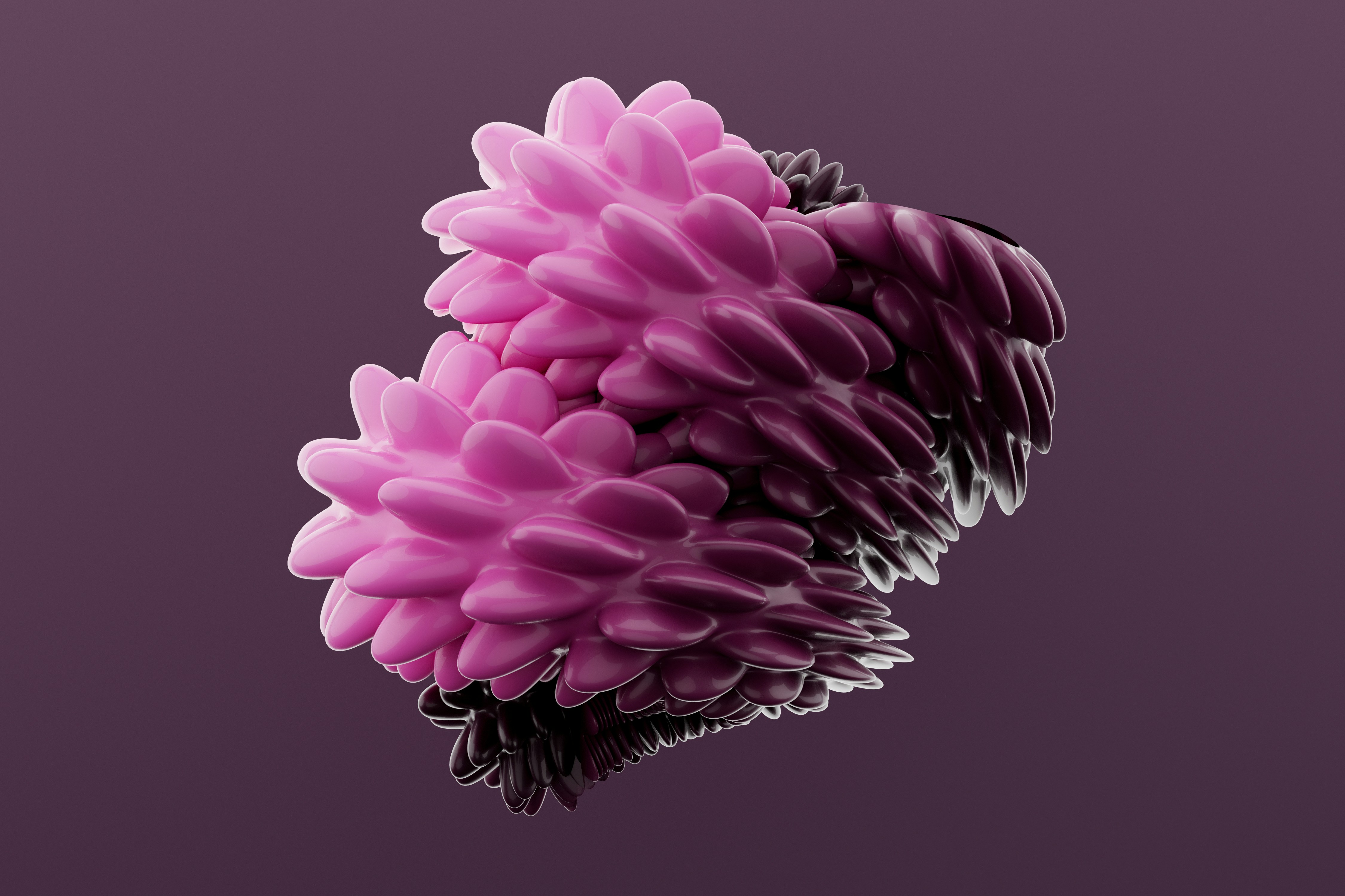 A 3D render of a cluster of glossy pink and dark purple petal-like shapes