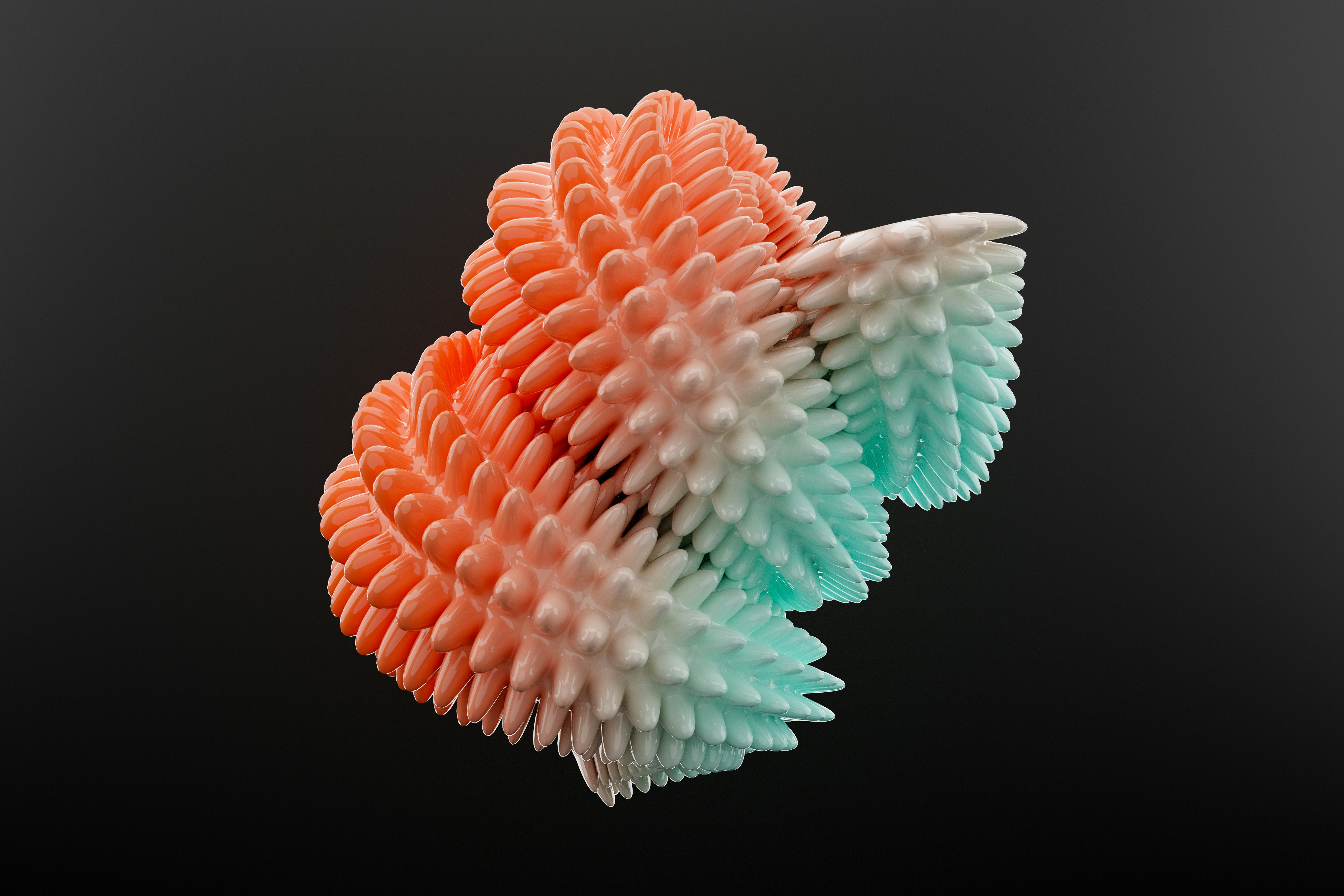 Un render 3D di una forma astratta e appuntita con un gradiente dall'arancione al turchese